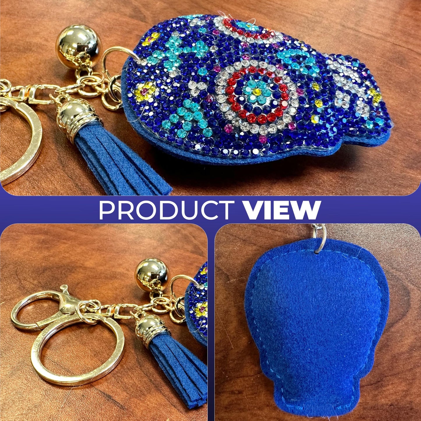 Blue Rhinestone Sugar Skull Purse Charm - Day of the Dead Keychain - Decorative Bag Clip for Women - Sugar Skull Accessories for Purses, Backpacks, and Keys