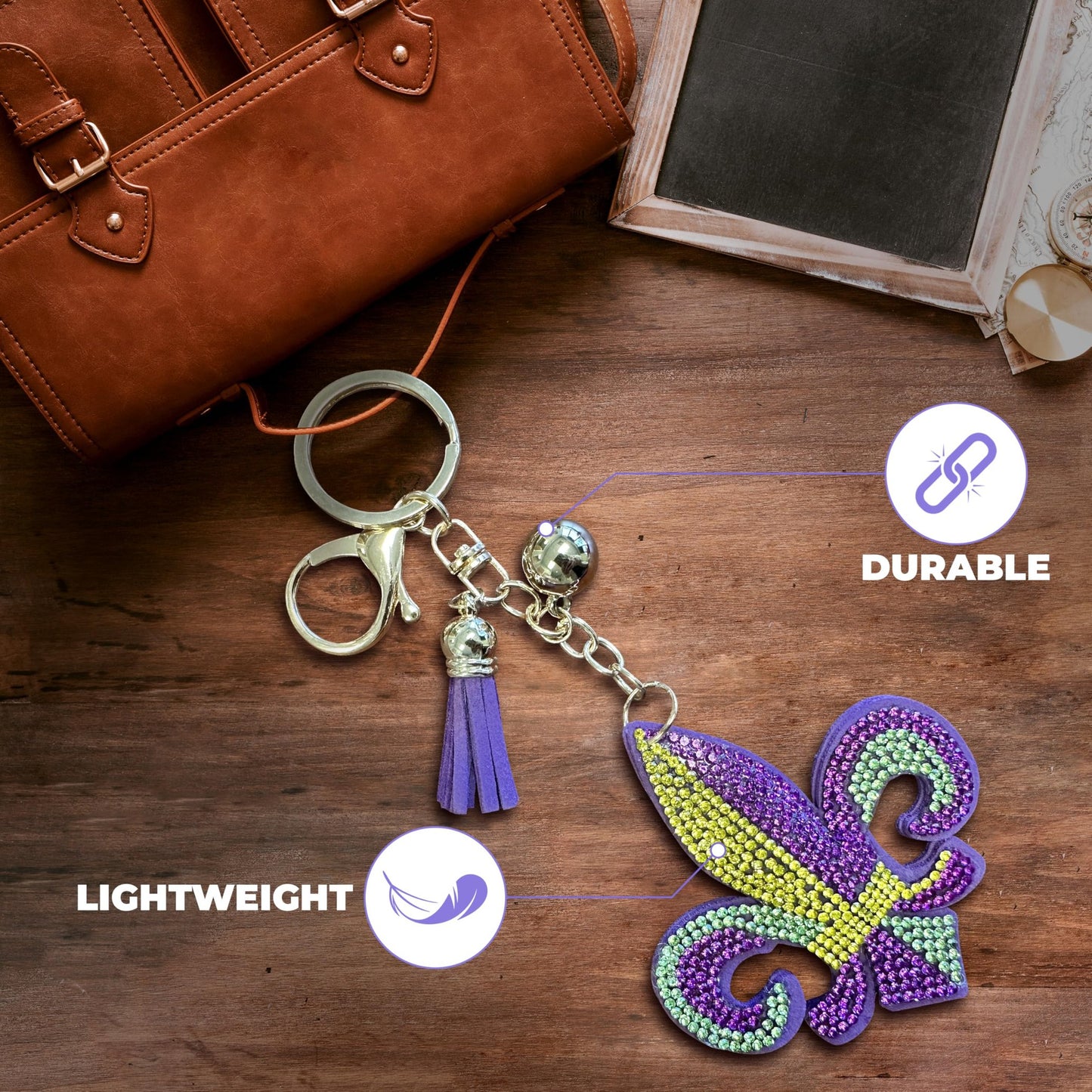 Mardi Gras Fleur-de-Lis Keychain - Purple, Green, and Gold Rhinestone Bag Clip - New Orleans Themed Purse Charm