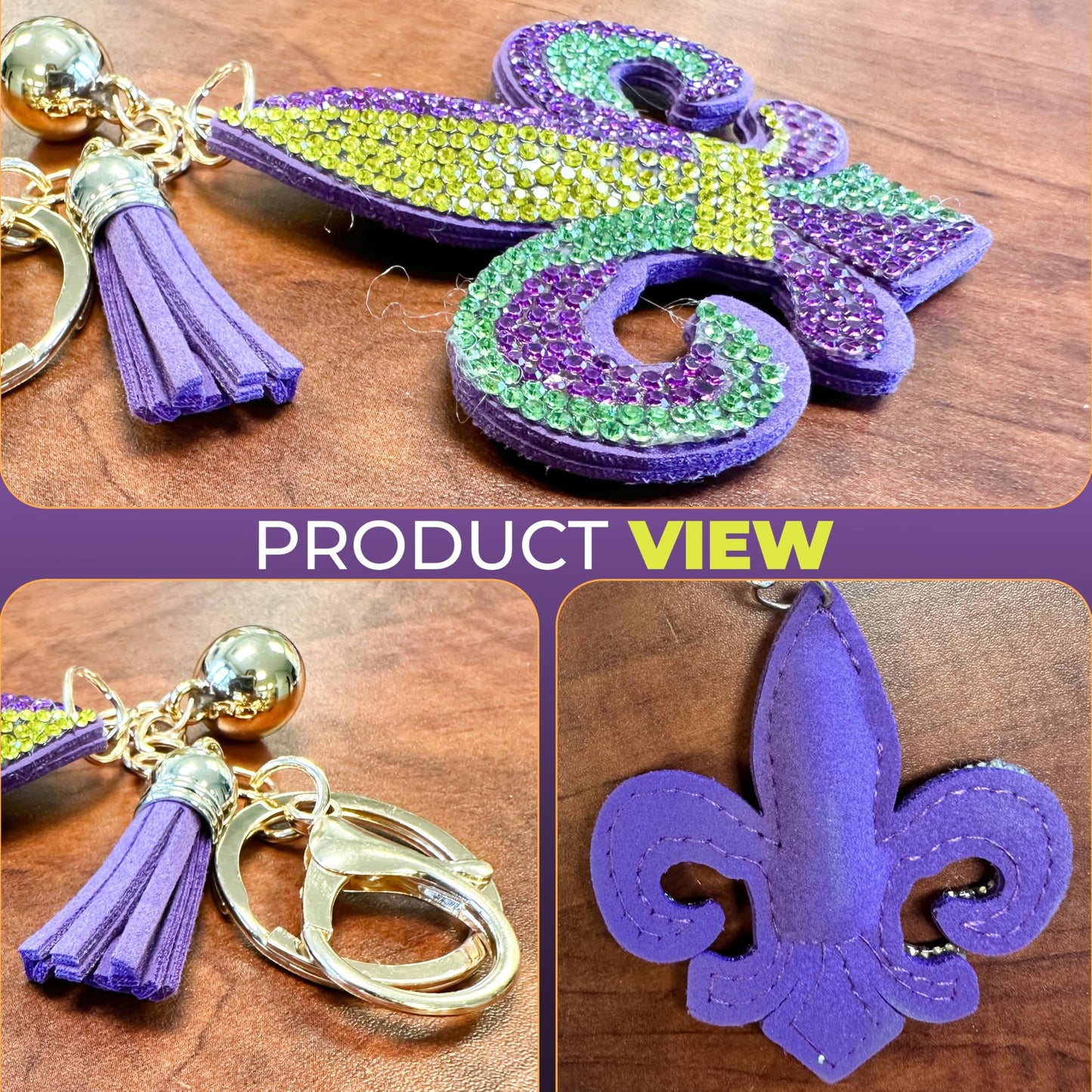 Mardi Gras Fleur-de-Lis Keychain - Purple, Green, and Gold Rhinestone Bag Clip - New Orleans Themed Purse Charm