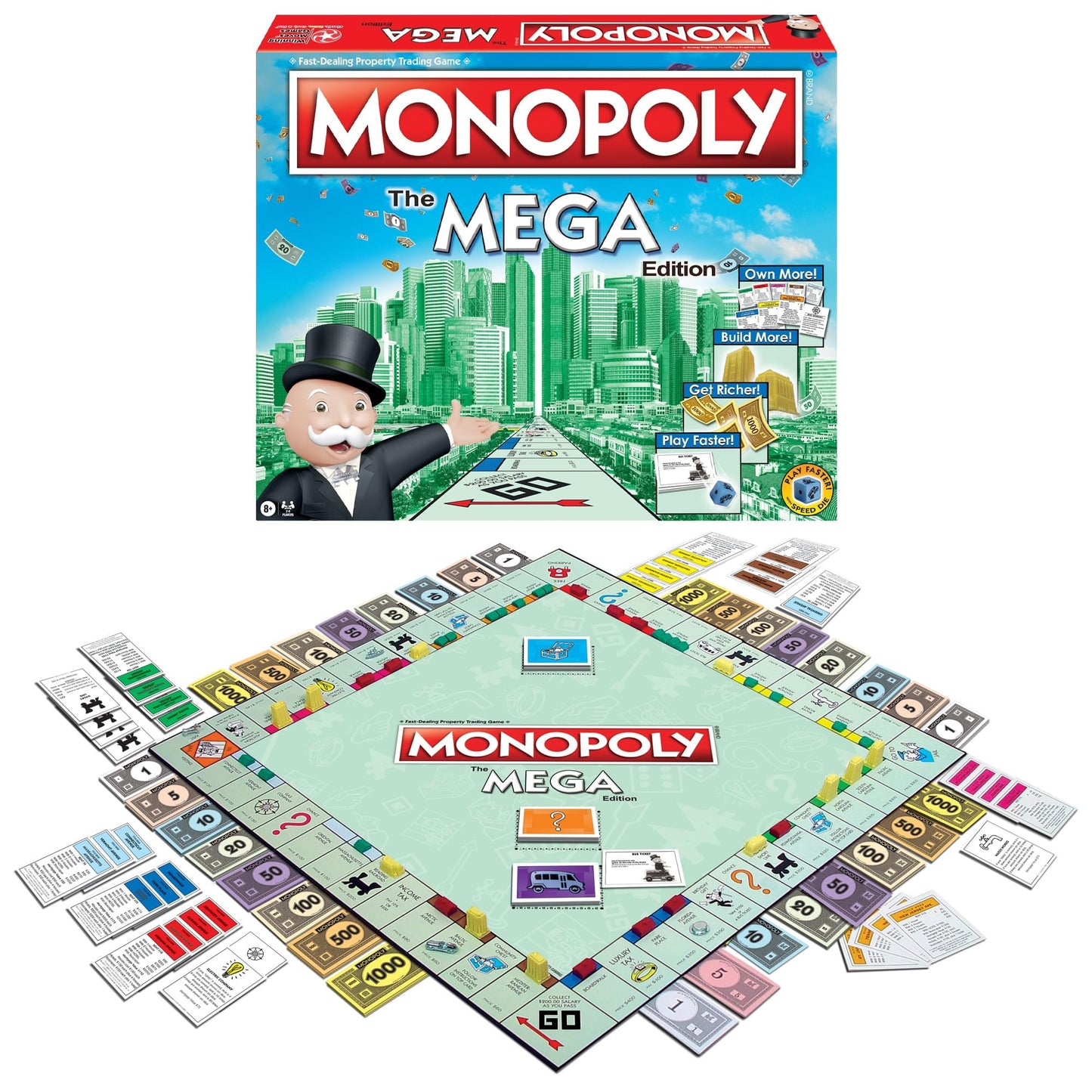 Winning Moves Games USA Board Game – Monopoly The Mega Edition, Bigger & Faster Version With Speed Die, For 2–8 Players, Ages 8 & Up