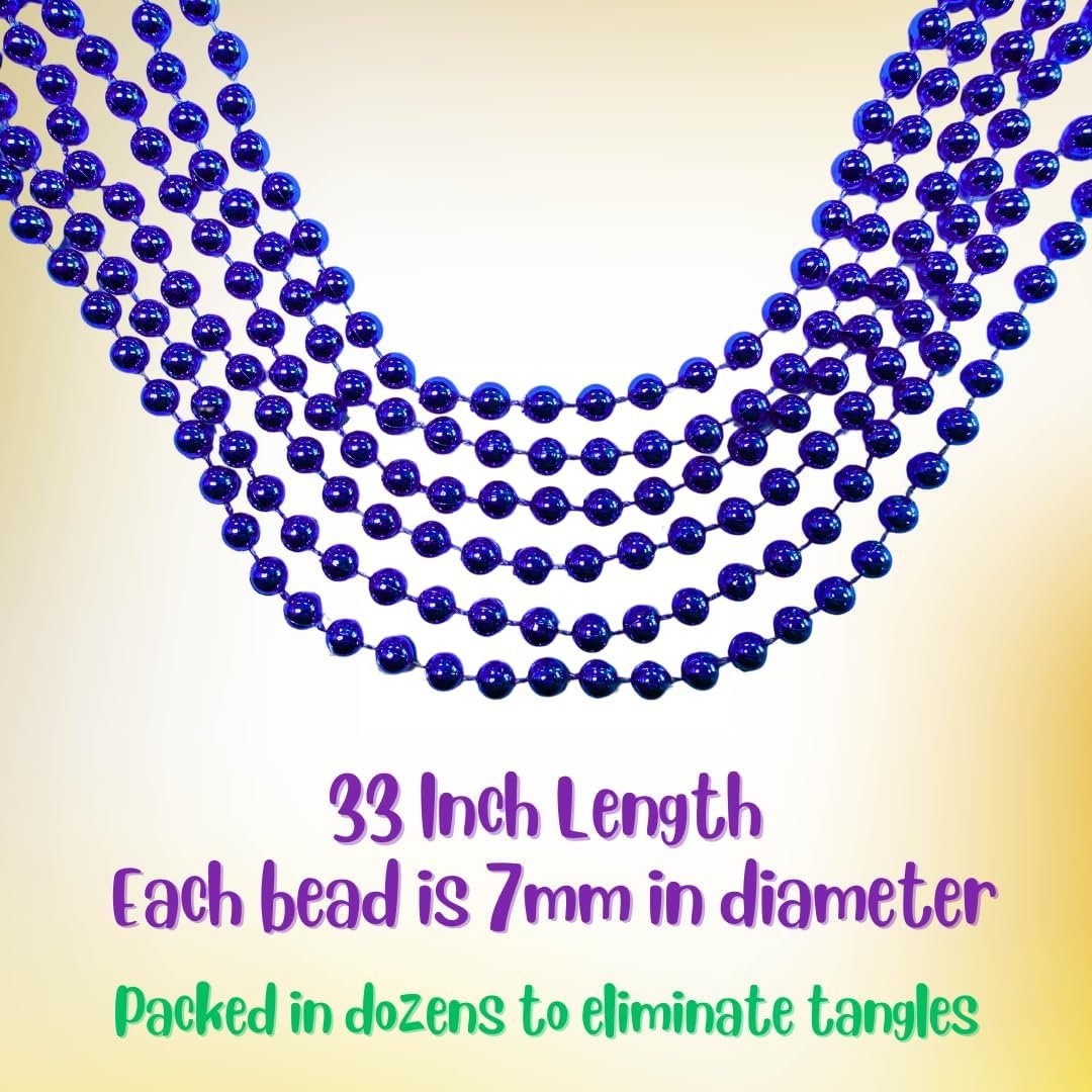 Mardi Gras Beads 33 inch 7mm, 12 Dozen, 144 Necklaces with Doubloon- Bulk Party Favors