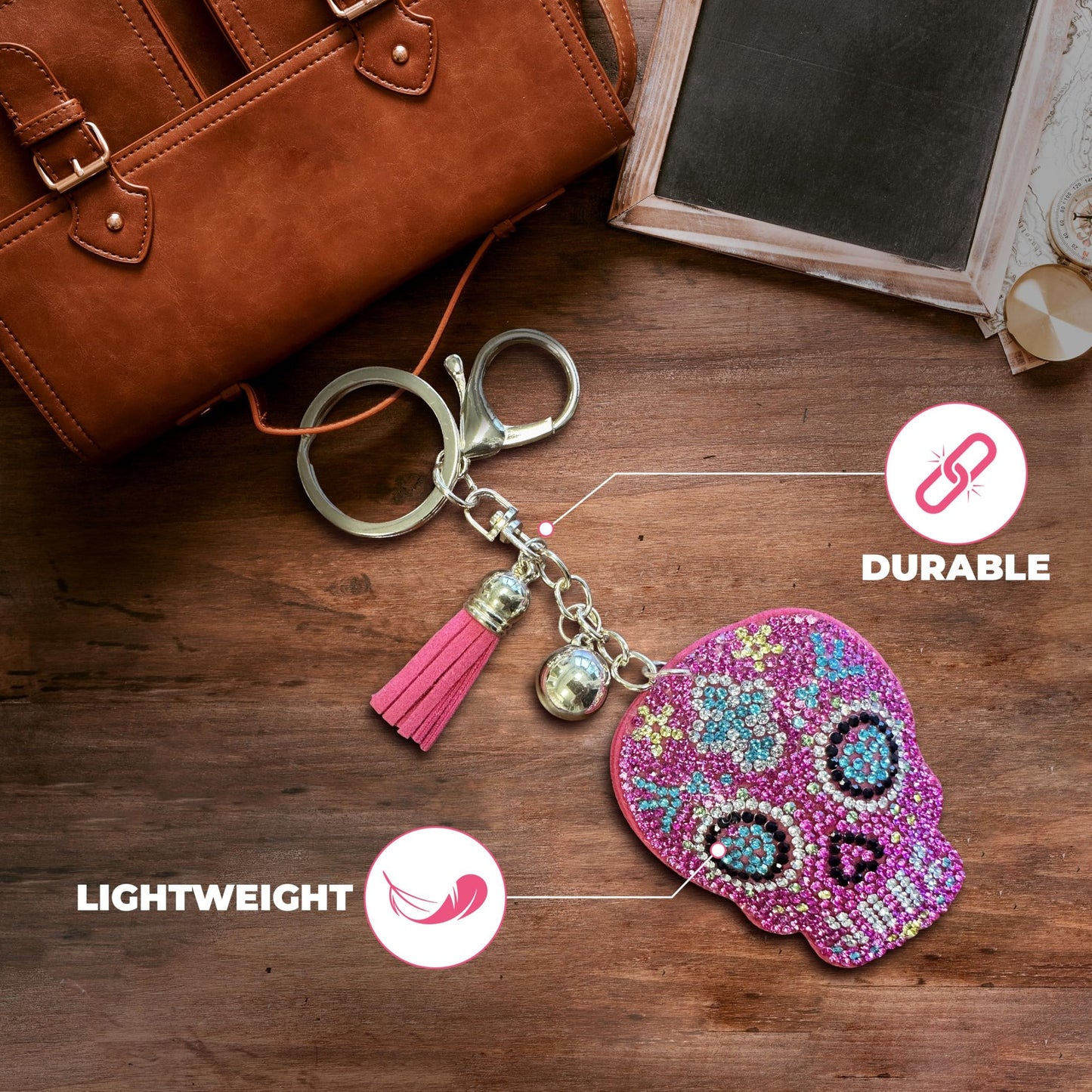 Pink Rhinestone Sugar Skull Purse Charm - Day of the Dead Keychain - Decorative Bag Clip for Women - Sugar Skull Accessories for Purses, Backpacks, and Keys
