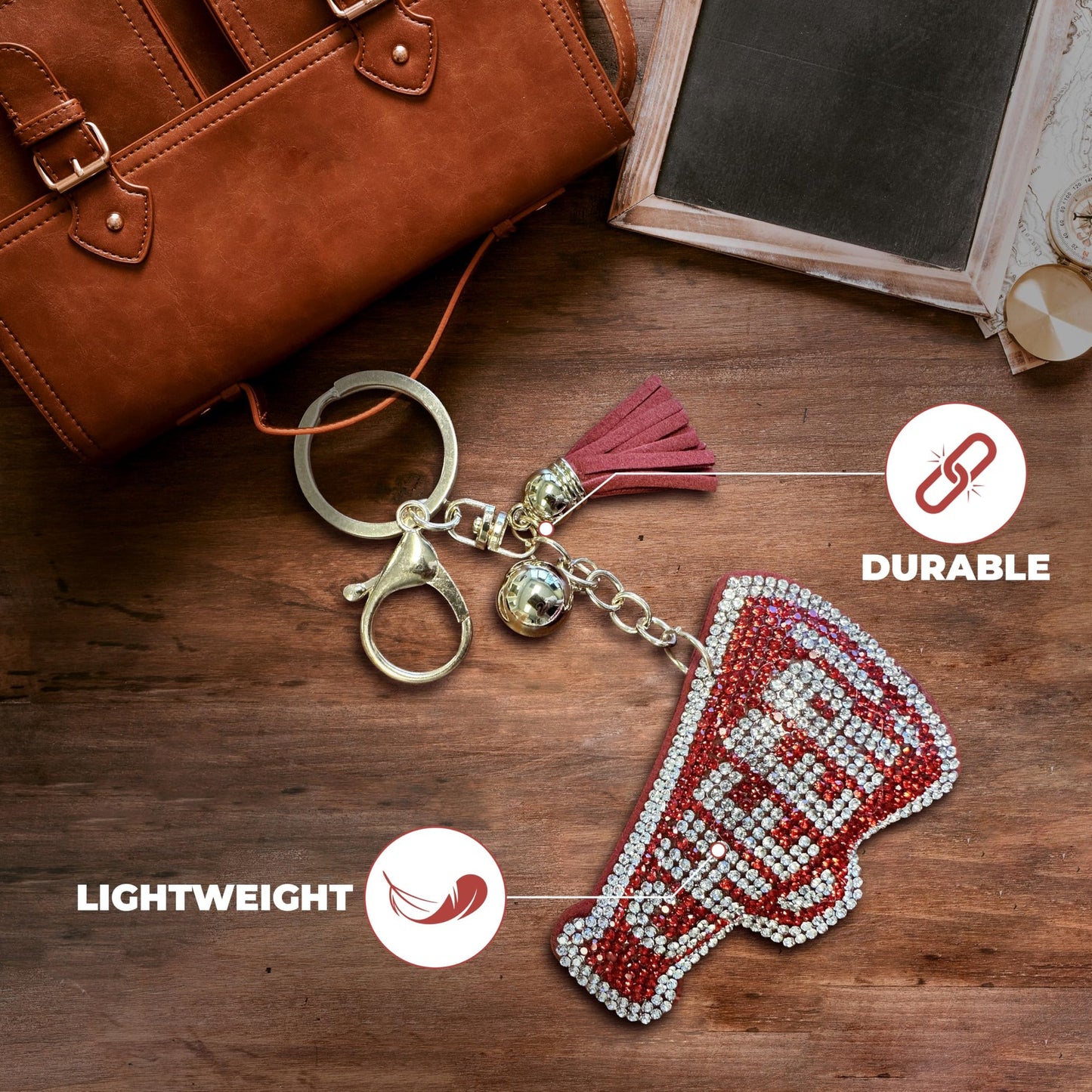 THE MARDI GRAS KREWE Sparkling Red and Silver Rhinestone Cheerleader Megaphone Keychain – Perfect Bag or Purse Charm Accessory for Cheer Enthusiasts and Team Spirit