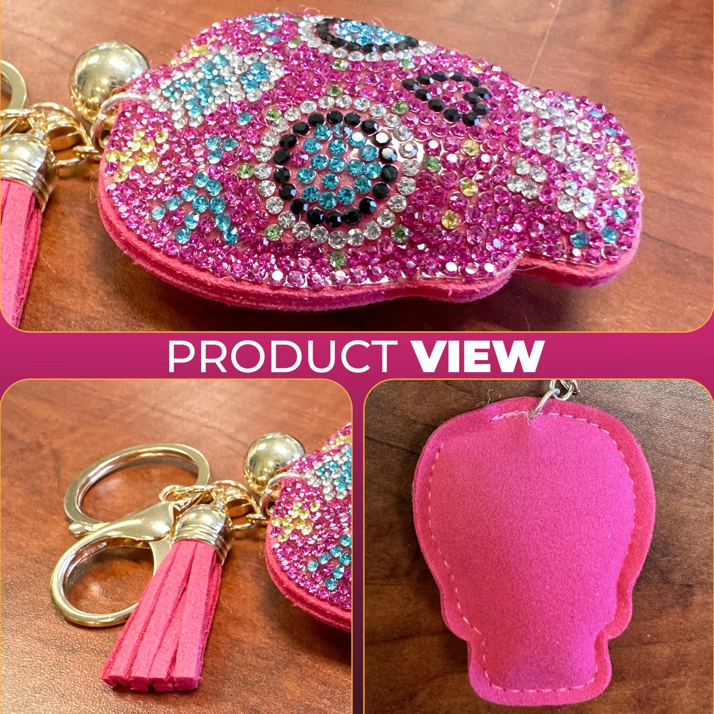 Pink Rhinestone Sugar Skull Purse Charm - Day of the Dead Keychain - Decorative Bag Clip for Women - Sugar Skull Accessories for Purses, Backpacks, and Keys