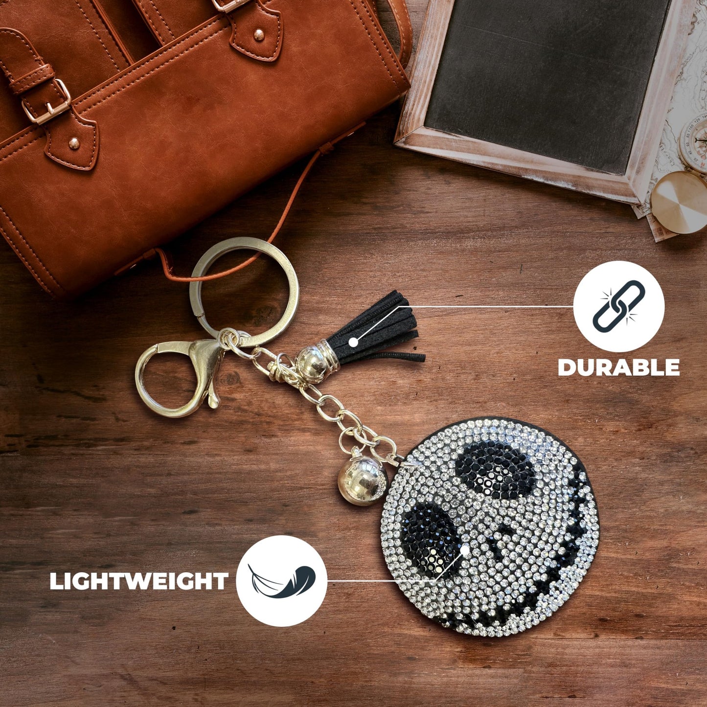 THE MARDI GRAS KREWE Rhinestone Round Skull Face Keychain, Purse Charm, and Bag Clip - Sparkling Silver Skull Accessory for Fans of Gothic and Halloween-Inspired Characters