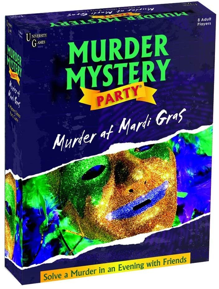 Murder Mystery Party Game Bundle- Murder at Mardi Gras, Host Your Own New Orleans Murder Mystery Dinner with 4 Feather Masks and 2 Dozen Purple, Green and Gold Bead Necklaces