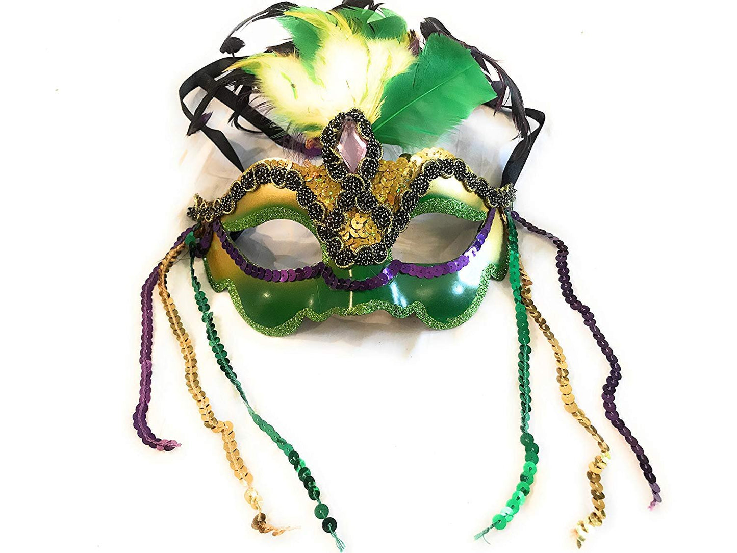 Mardi Gras Women's Mask - Sequin Feathers Purple Green and Gold Masquerade Ball or Costume Party