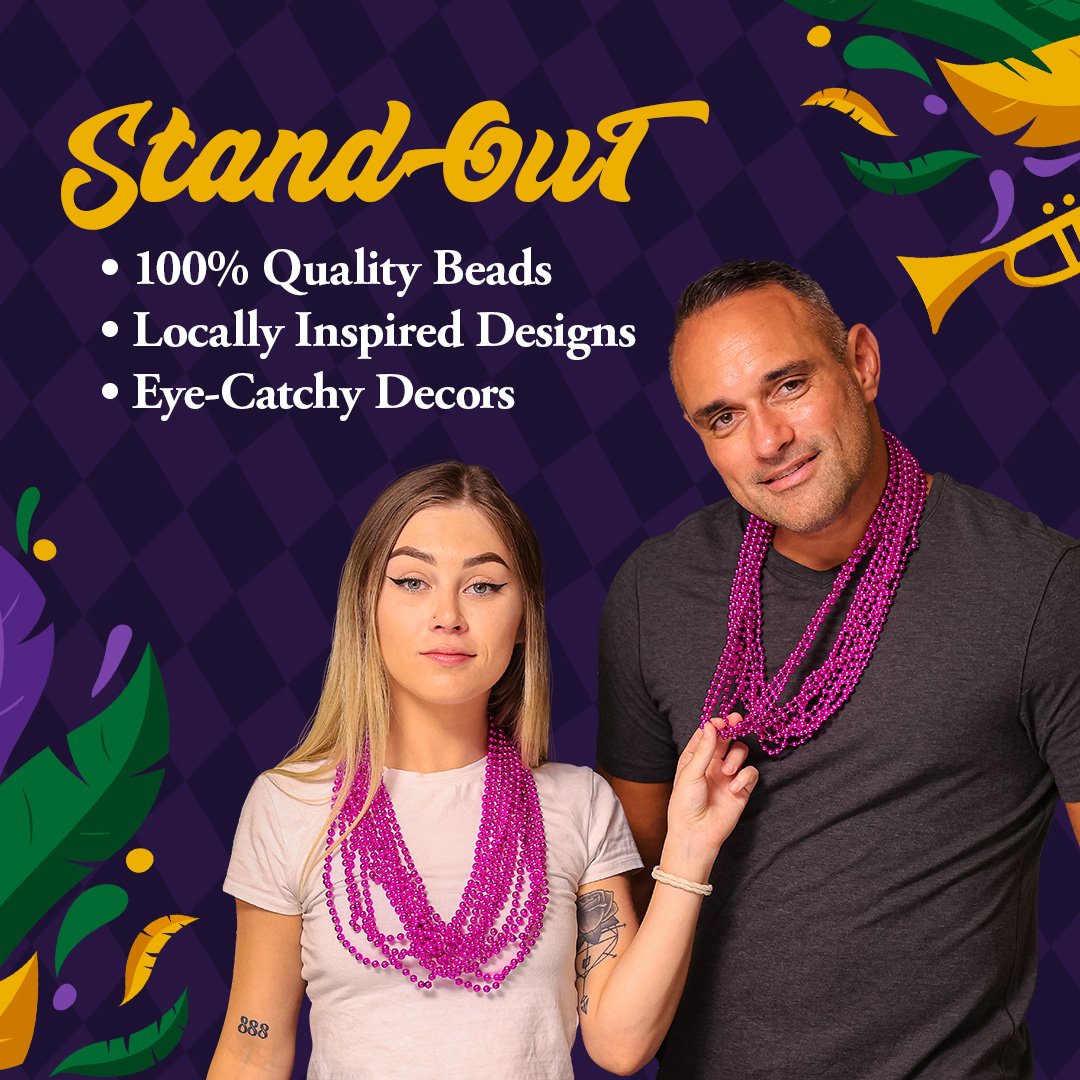 Mardi Gras Beads 33 inch 7mm, 12 Dozen, 144 Necklaces with Doubloon- Bulk Party Favors