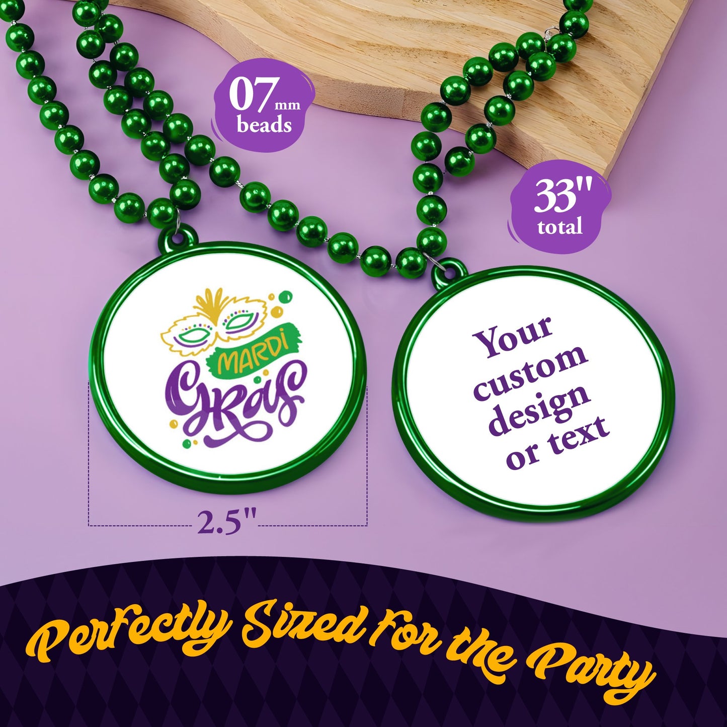 Custom Mardi Gras Bead Necklaces with Medallions- 33 inch, 7mm Round Beads- Pack of 24 Personalized Plastic Bead Necklaces- Many Colors To Choose