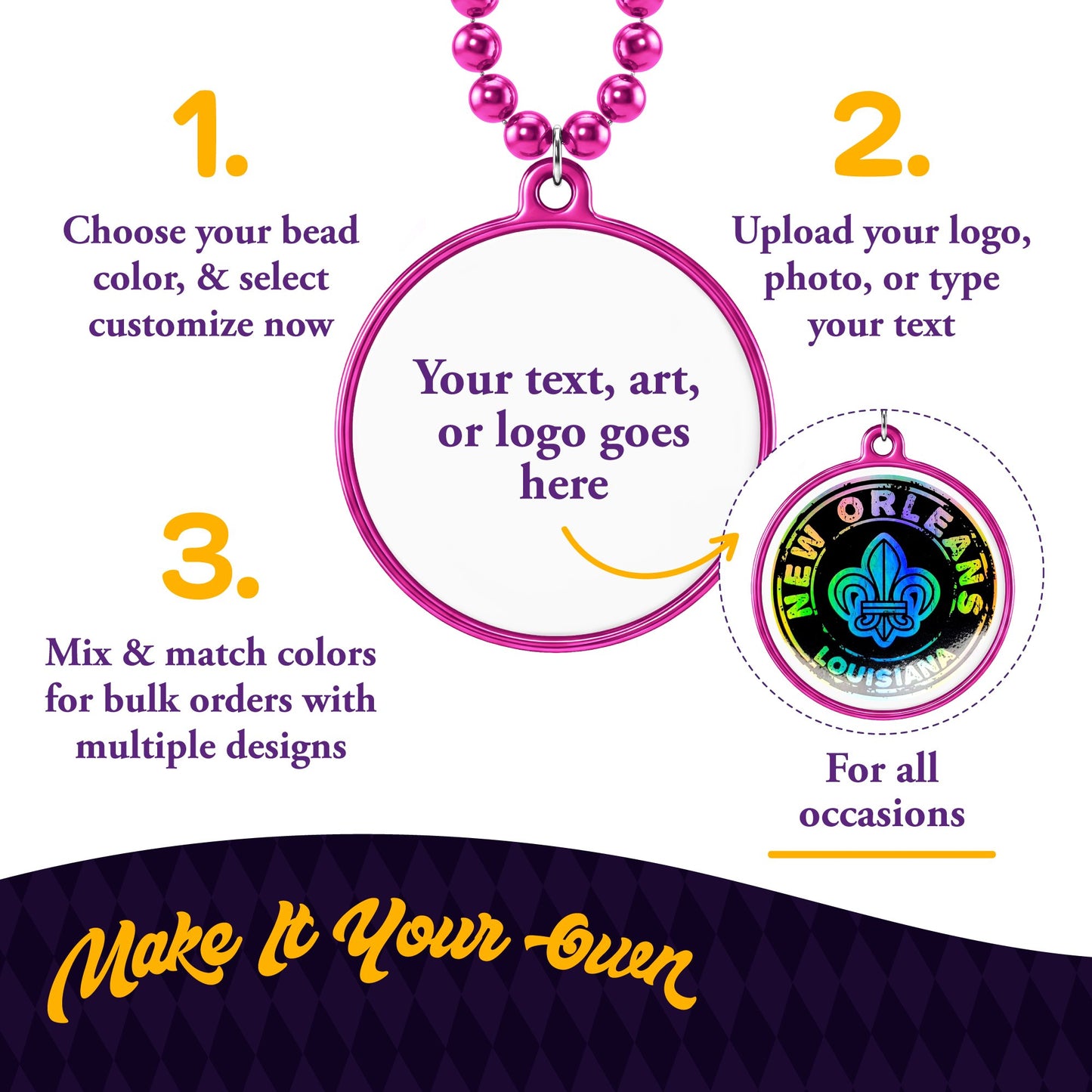 Custom Mardi Gras Bead Necklaces with Medallions- 33 inch, 7mm Round Beads- Pack of 24 Personalized Plastic Bead Necklaces- Many Colors To Choose