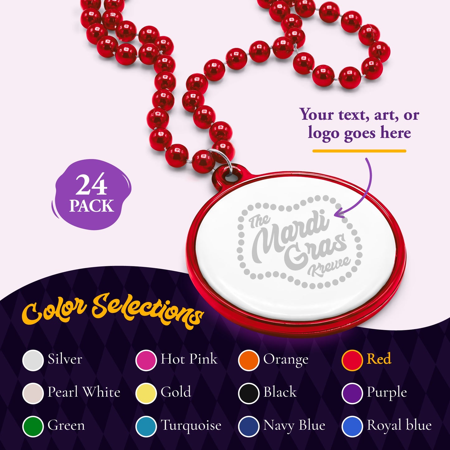 Custom Mardi Gras Bead Necklaces with Medallions- 33 inch, 7mm Round Beads- Pack of 24 Personalized Plastic Bead Necklaces- Many Colors To Choose