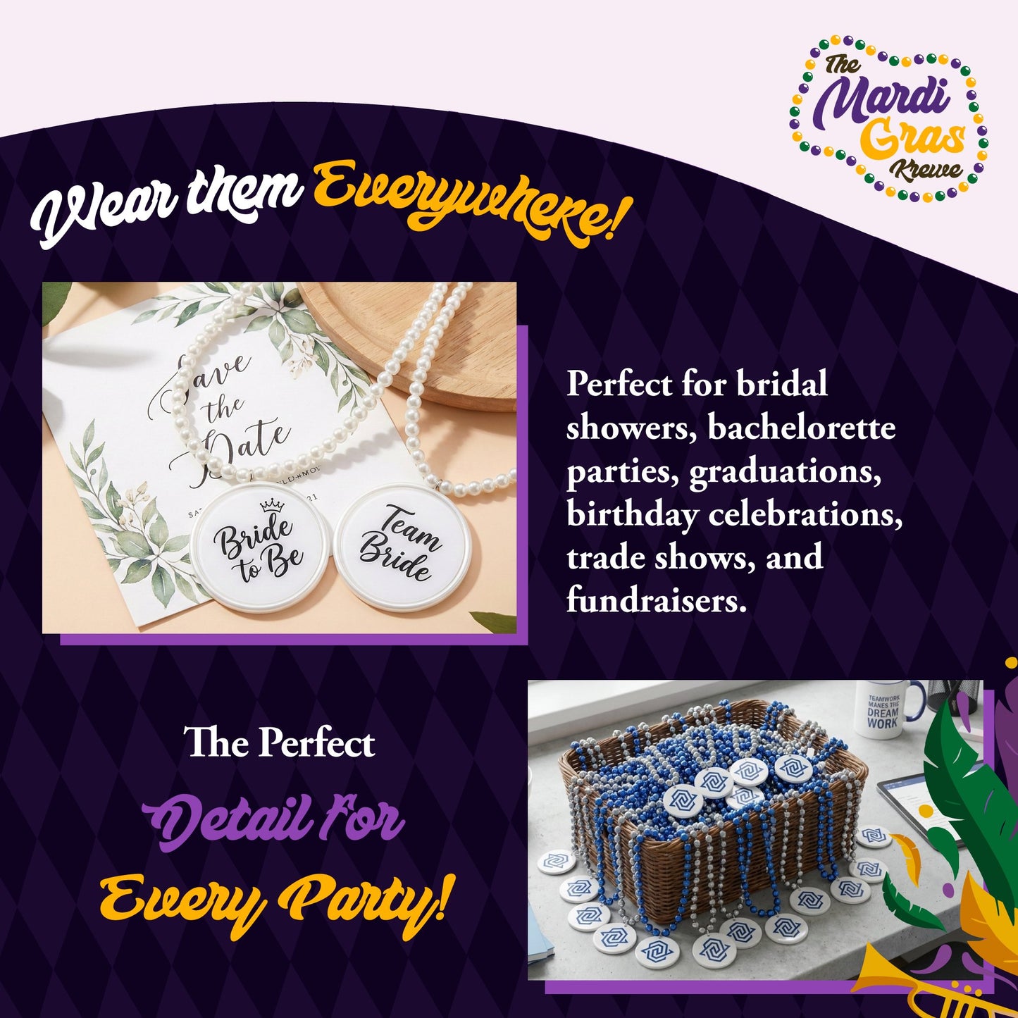 Custom Mardi Gras Bead Necklaces with Medallions- 33 inch, 7mm Round Beads- Pack of 24 Personalized Plastic Bead Necklaces- Many Colors To Choose