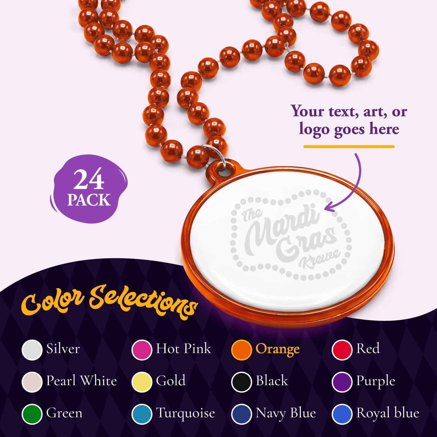 Custom Mardi Gras Bead Necklaces with Medallions- 33 inch, 7mm Round Beads- Pack of 24 Personalized Plastic Bead Necklaces- Many Colors To Choose