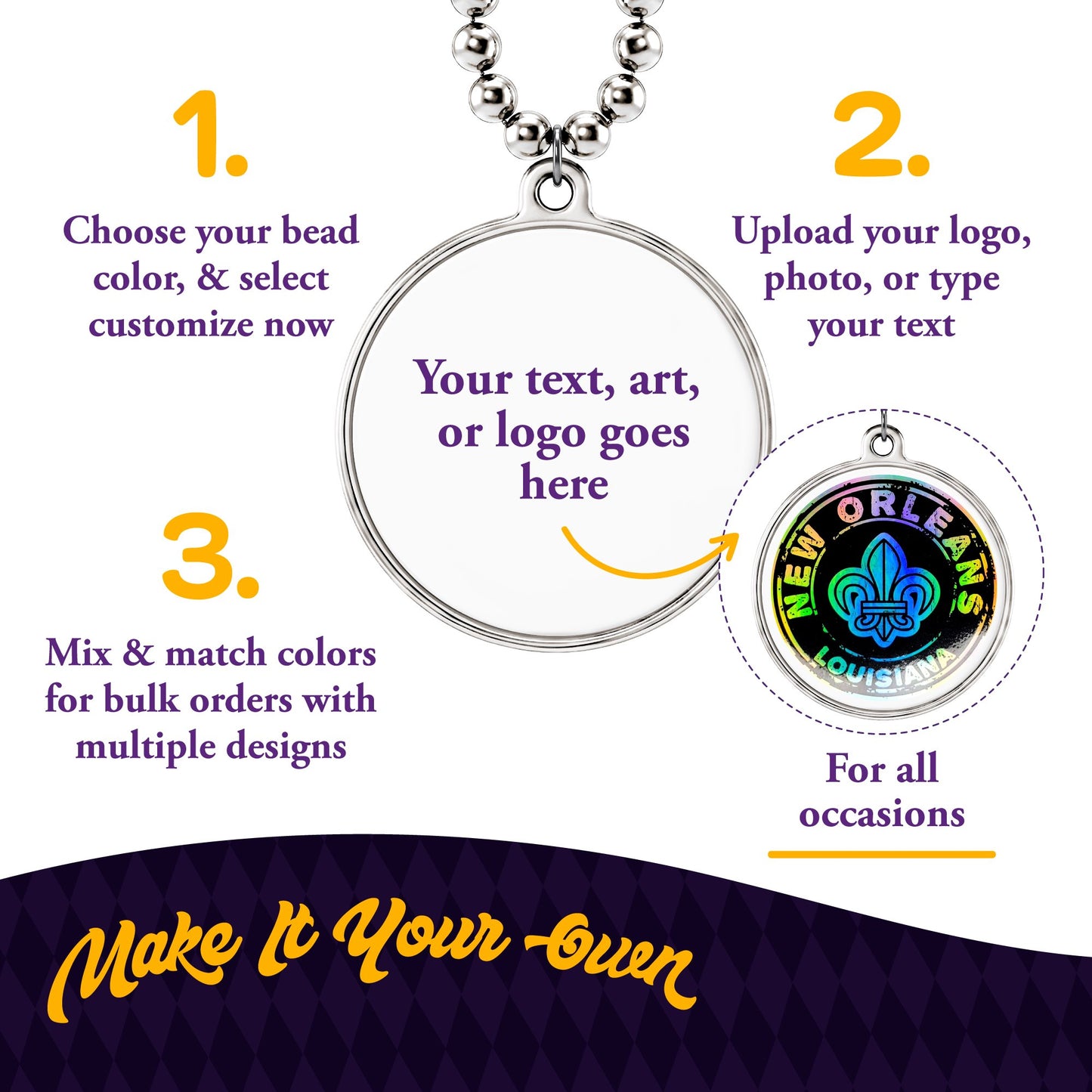 Custom Mardi Gras Bead Necklaces with Medallions- 33 inch, 7mm Round Beads- Pack of 24 Personalized Plastic Bead Necklaces- Many Colors To Choose