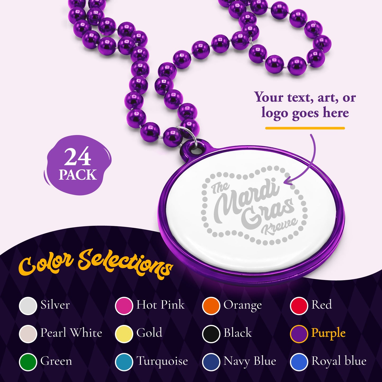 Custom Mardi Gras Bead Necklaces with Medallions- 33 inch, 7mm Round Beads- Pack of 24 Personalized Plastic Bead Necklaces- Many Colors To Choose