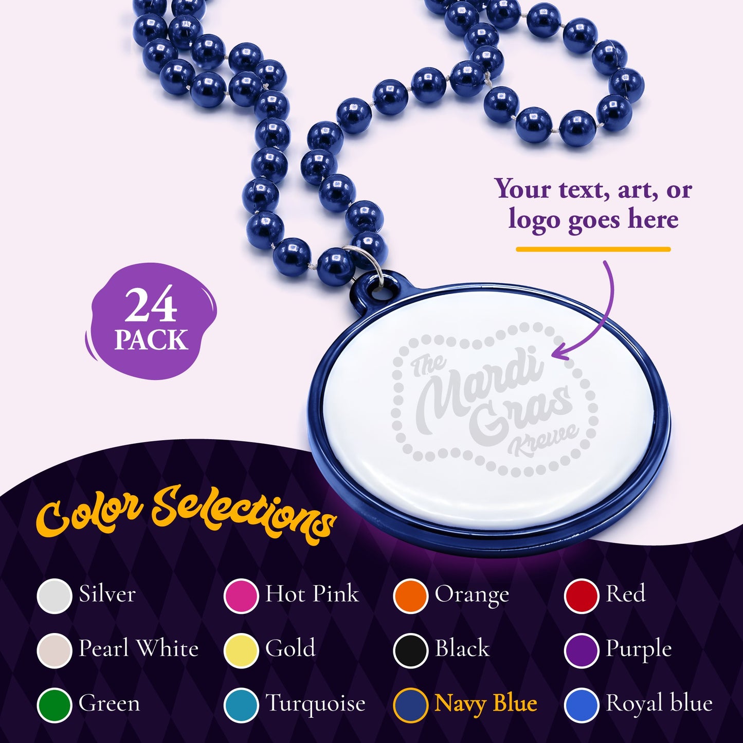 Custom Mardi Gras Bead Necklaces with Medallions- 33 inch, 7mm Round Beads- Pack of 24 Personalized Plastic Bead Necklaces- Many Colors To Choose