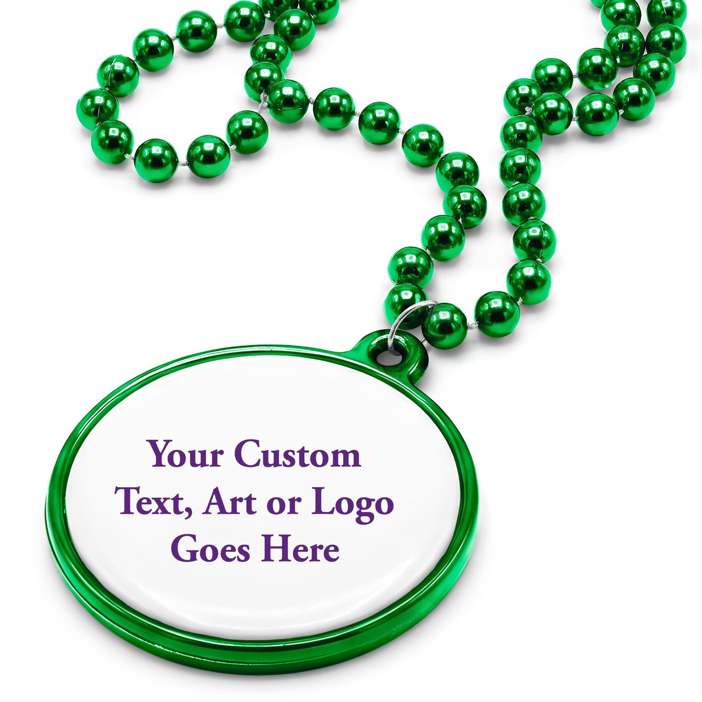 Custom Mardi Gras Bead Necklaces with Medallions- 33 inch, 7mm Round Beads- Pack of 24 Personalized Plastic Bead Necklaces- Many Colors To Choose