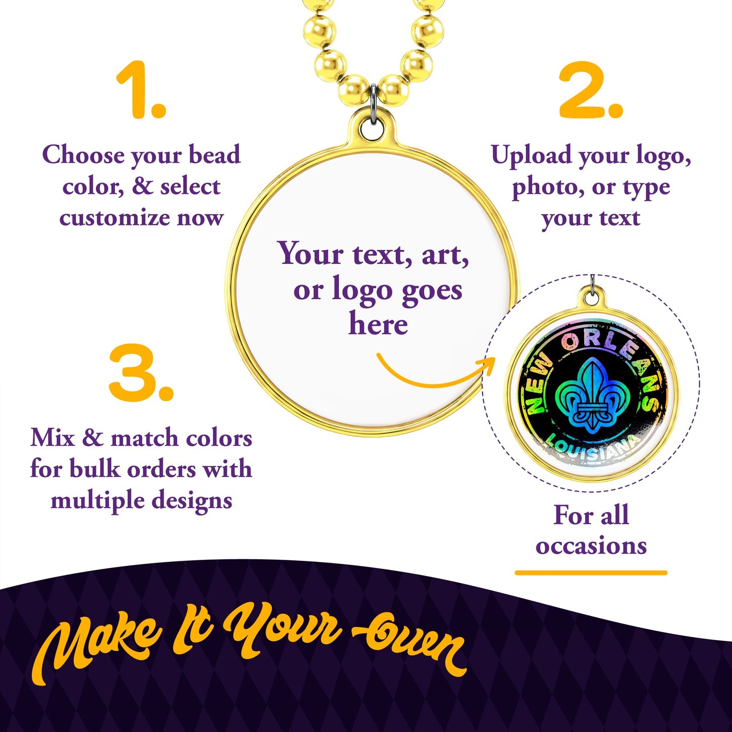 Custom Mardi Gras Bead Necklaces with Medallions- 33 inch, 7mm Round Beads- Pack of 24 Personalized Plastic Bead Necklaces- Many Colors To Choose