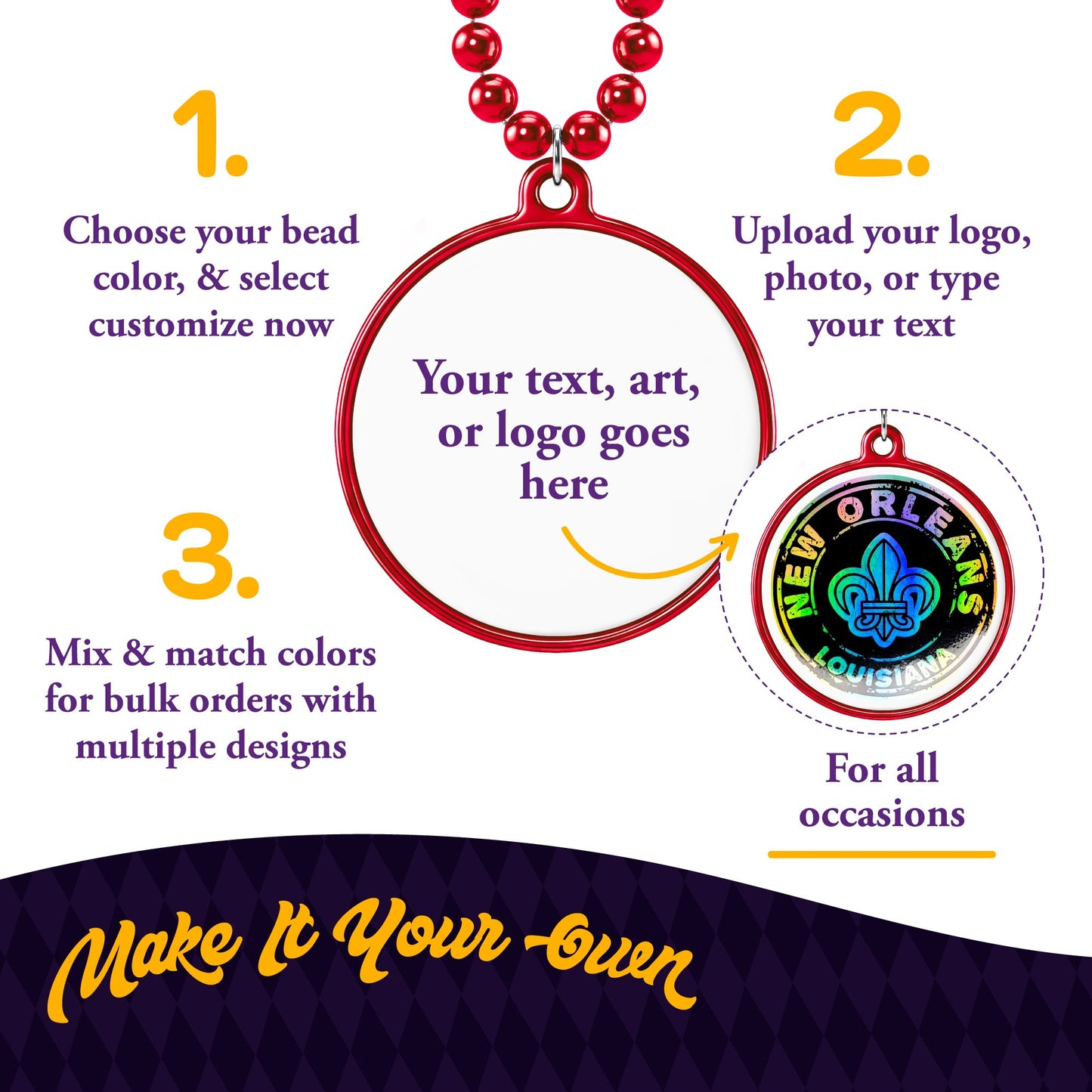 Custom Mardi Gras Bead Necklaces with Medallions- 33 inch, 7mm Round Beads- Pack of 24 Personalized Plastic Bead Necklaces- Many Colors To Choose