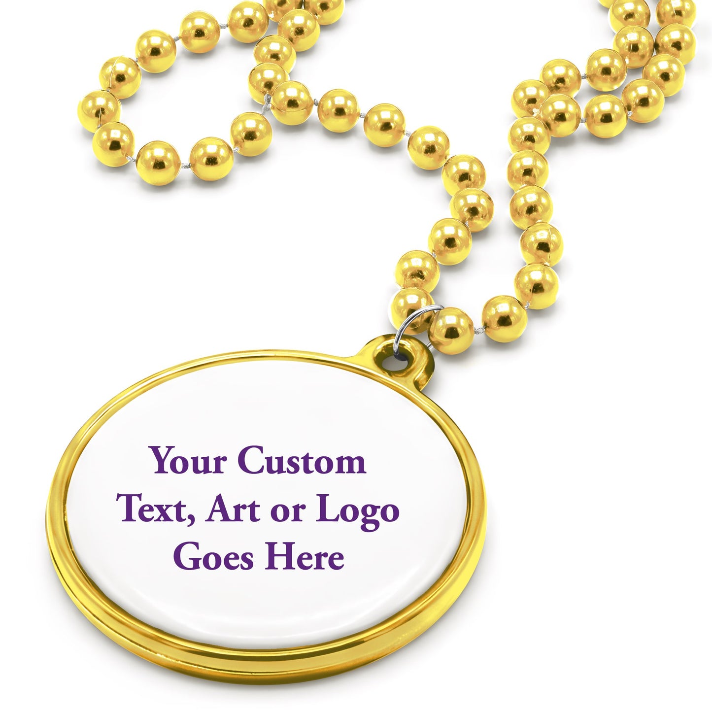 Custom Mardi Gras Bead Necklaces with Medallions- 33 inch, 7mm Round Beads- Pack of 24 Personalized Plastic Bead Necklaces- Many Colors To Choose