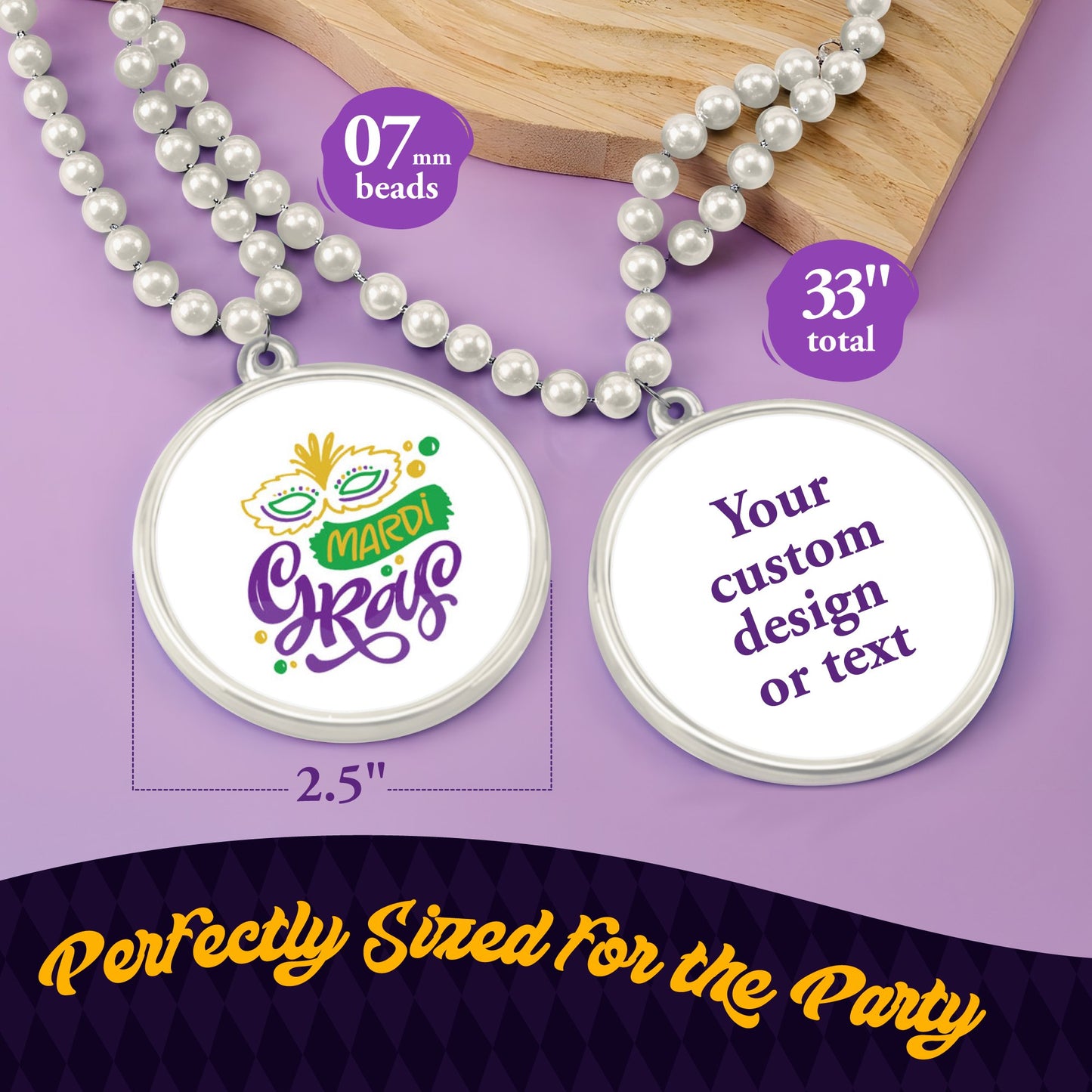 Custom Mardi Gras Bead Necklaces with Medallions- 33 inch, 7mm Round Beads- Pack of 24 Personalized Plastic Bead Necklaces- Many Colors To Choose