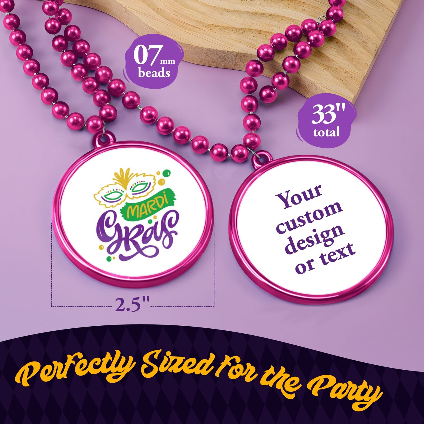 Custom Mardi Gras Bead Necklaces with Medallions- 33 inch, 7mm Round Beads- Pack of 24 Personalized Plastic Bead Necklaces- Many Colors To Choose