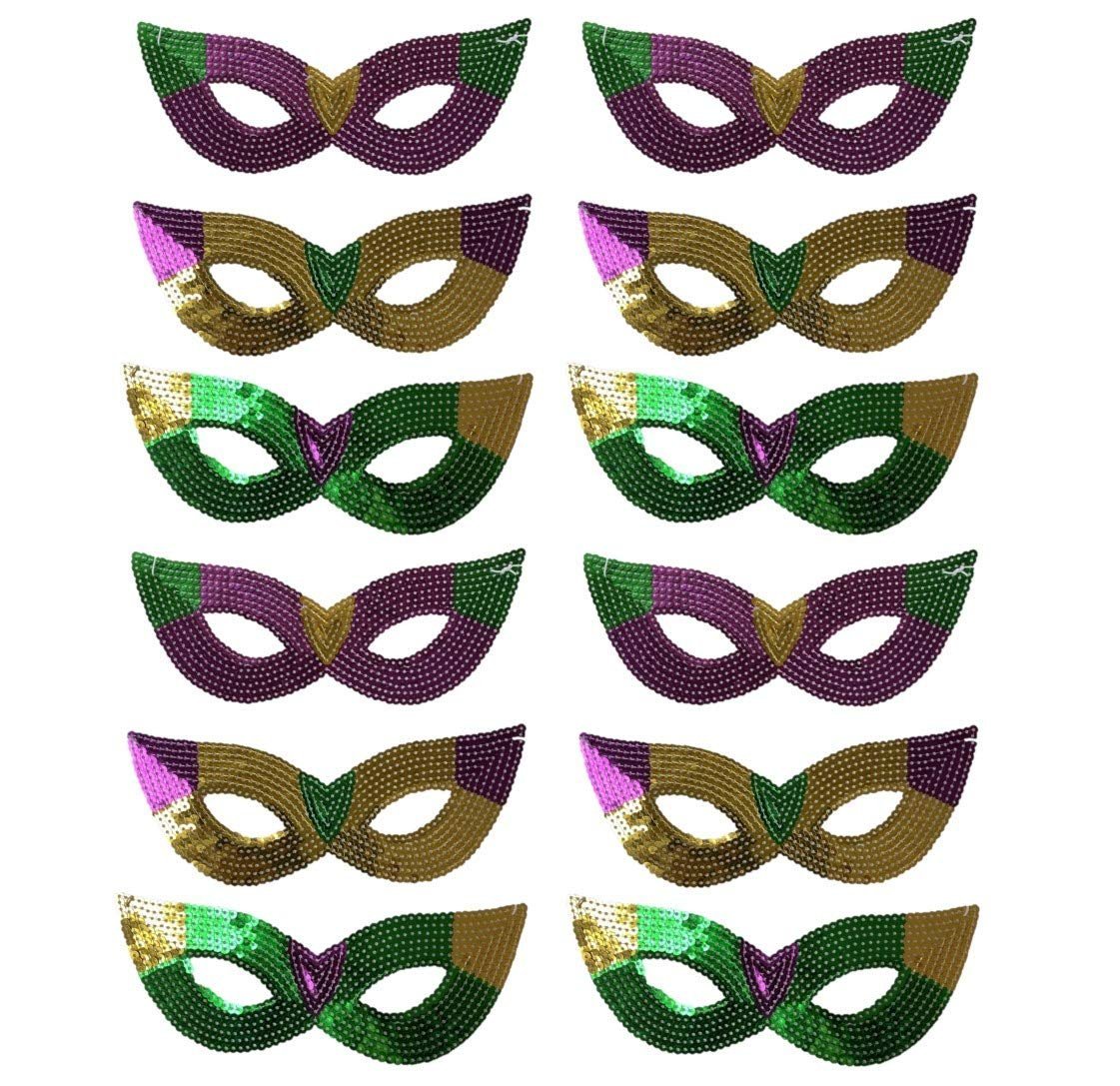 Purple, Green and Gold Sequin Mardi Gras Masks- Bulk Supply for Parties, Balls, and Parades!