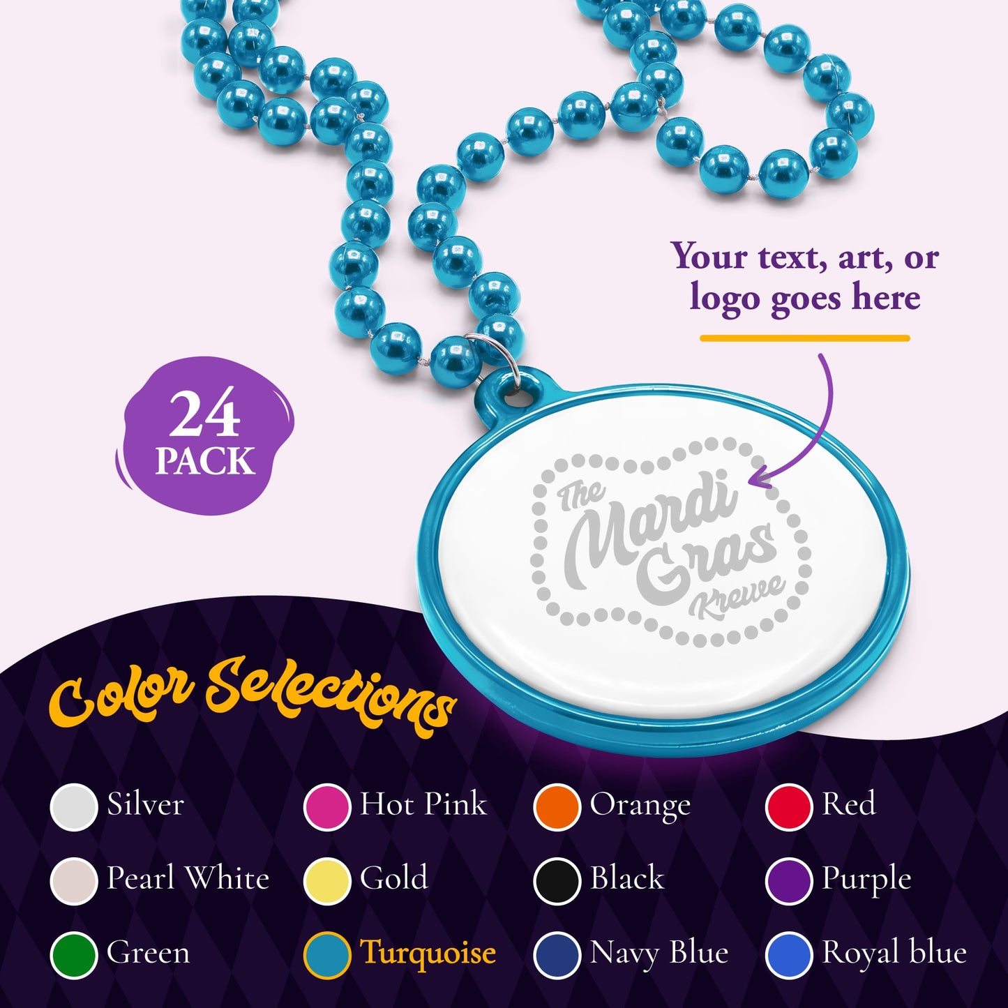 Custom Mardi Gras Bead Necklaces with Medallions- 33 inch, 7mm Round Beads- Pack of 24 Personalized Plastic Bead Necklaces- Many Colors To Choose