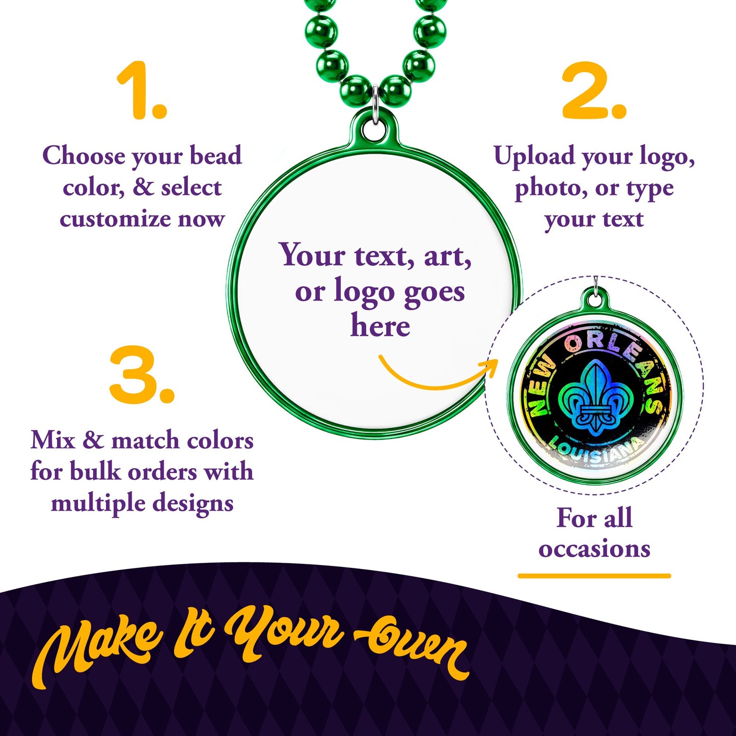 Custom Mardi Gras Bead Necklaces with Medallions- 33 inch, 7mm Round Beads- Pack of 24 Personalized Plastic Bead Necklaces- Many Colors To Choose