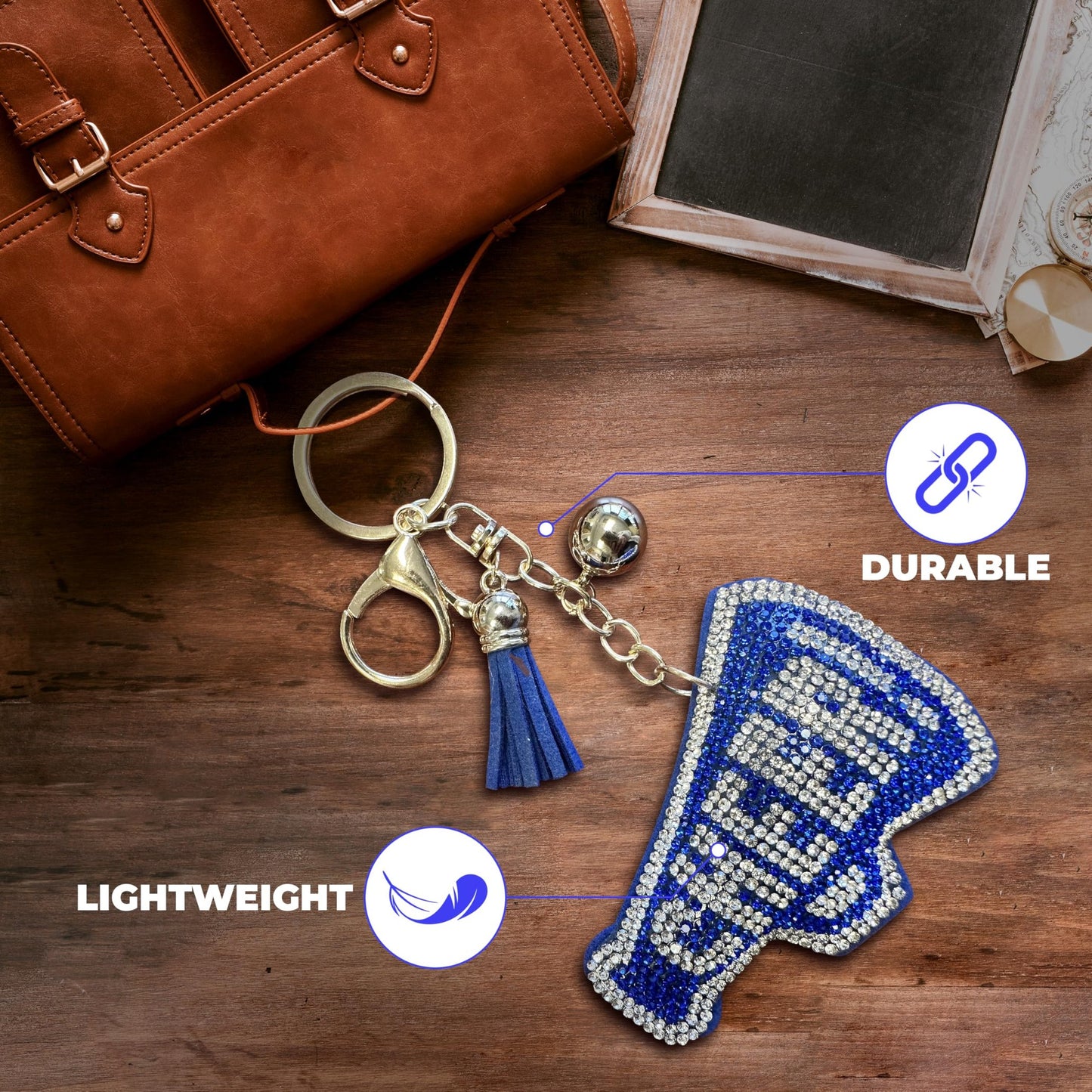THE MARDI GRAS KREWE Sparkling Blue and Silver Rhinestone Cheerleader Megaphone Keychain – Perfect Bag or Purse Charm Accessory for Cheer Enthusiasts and Team Spirit
