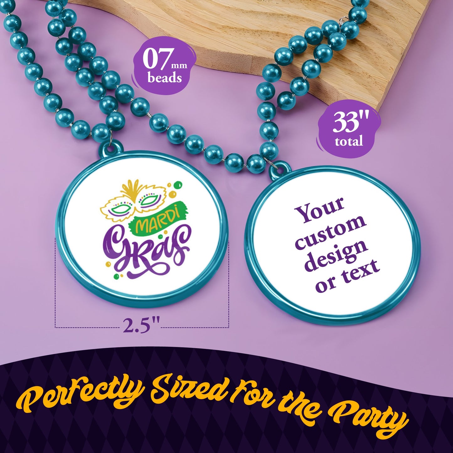 Custom Mardi Gras Bead Necklaces with Medallions- 33 inch, 7mm Round Beads- Pack of 24 Personalized Plastic Bead Necklaces- Many Colors To Choose