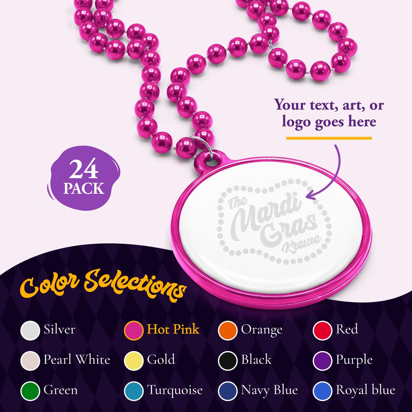 Custom Mardi Gras Bead Necklaces with Medallions- 33 inch, 7mm Round Beads- Pack of 24 Personalized Plastic Bead Necklaces- Many Colors To Choose