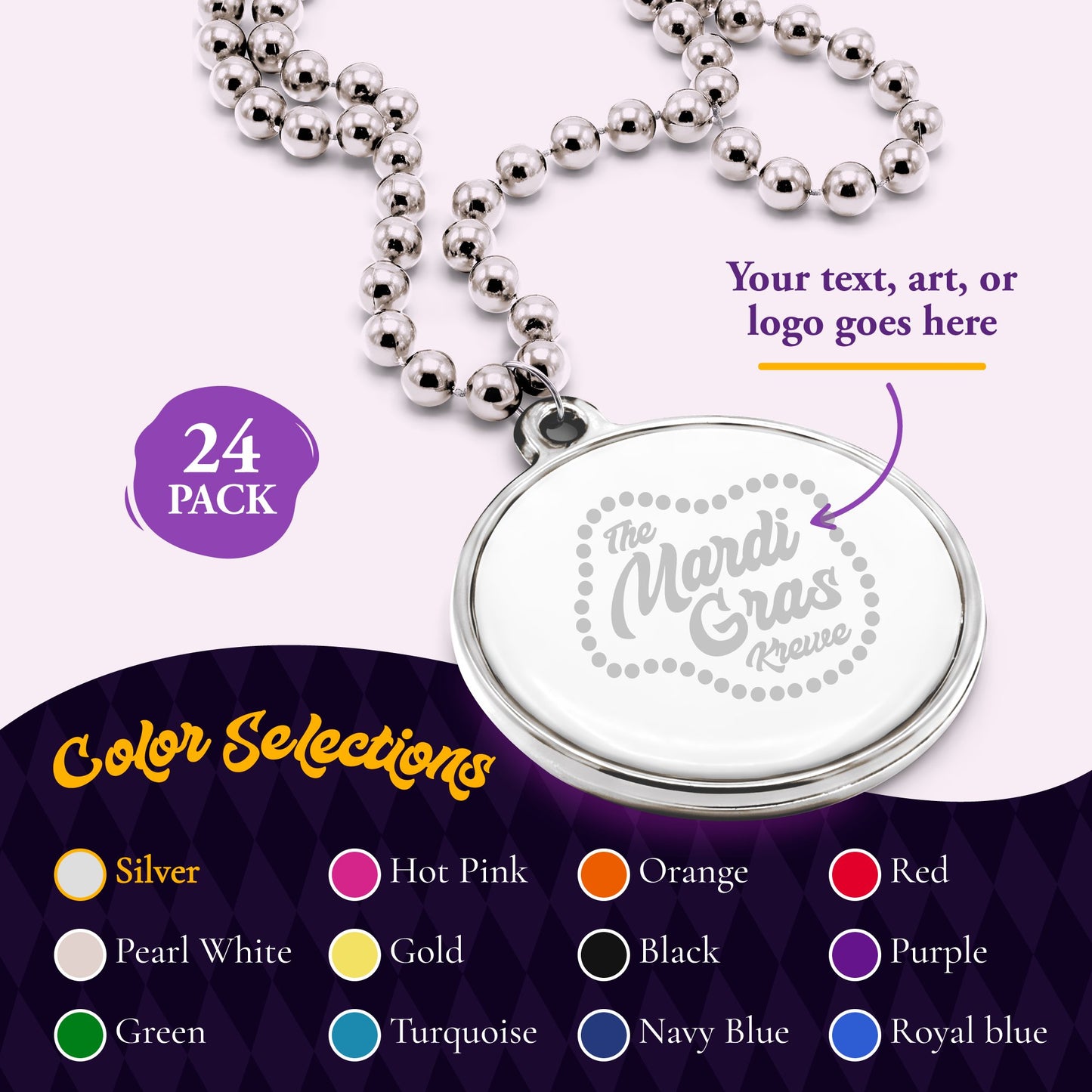 Custom Mardi Gras Bead Necklaces with Medallions- 33 inch, 7mm Round Beads- Pack of 24 Personalized Plastic Bead Necklaces- Many Colors To Choose
