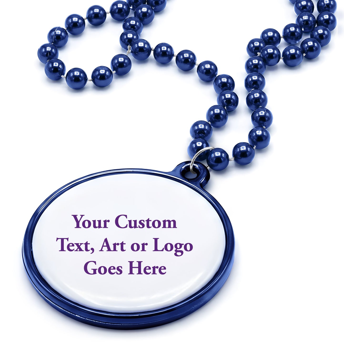 Custom Mardi Gras Bead Necklaces with Medallions- 33 inch, 7mm Round Beads- Pack of 24 Personalized Plastic Bead Necklaces- Many Colors To Choose