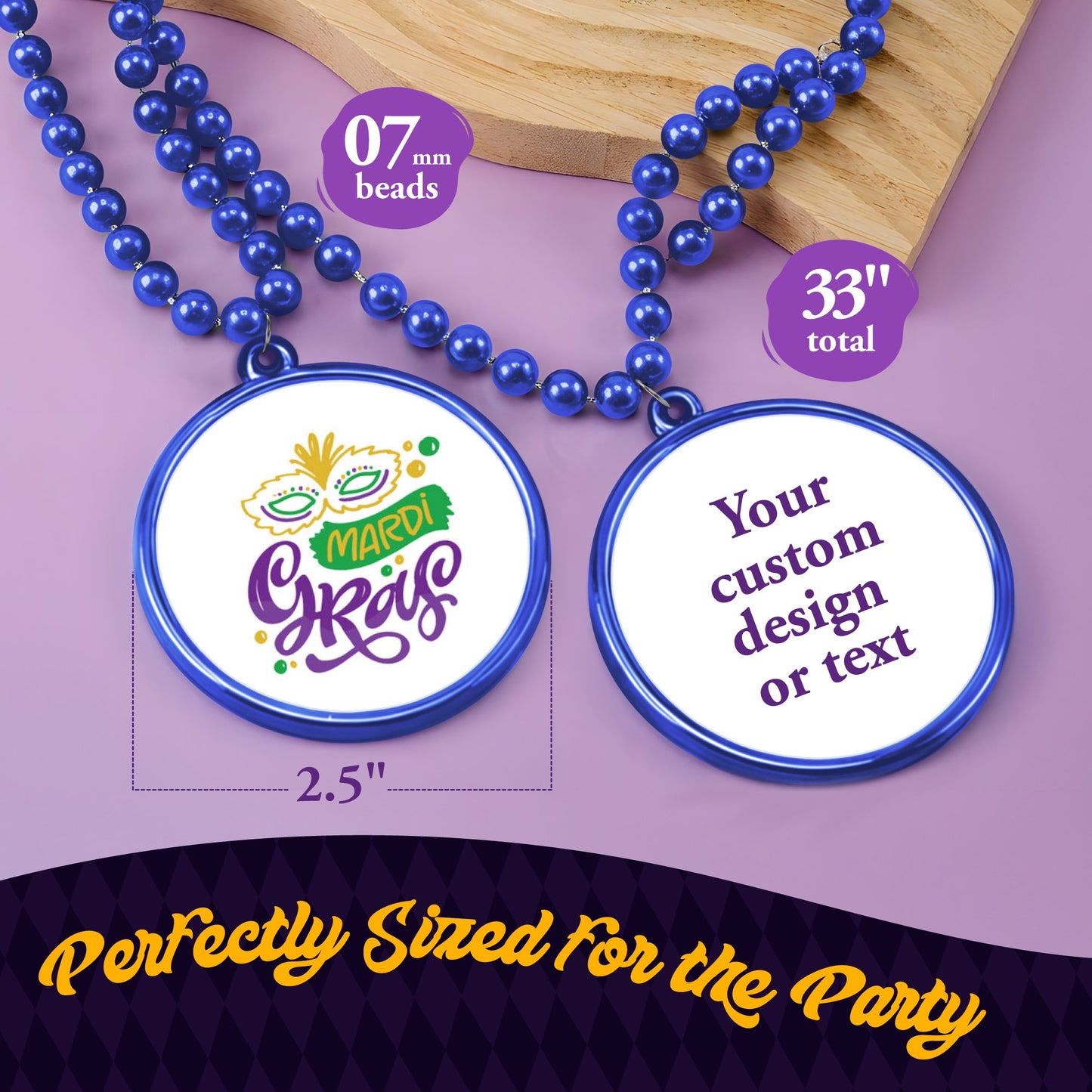 Custom Mardi Gras Bead Necklaces with Medallions- 33 inch, 7mm Round Beads- Pack of 24 Personalized Plastic Bead Necklaces- Many Colors To Choose
