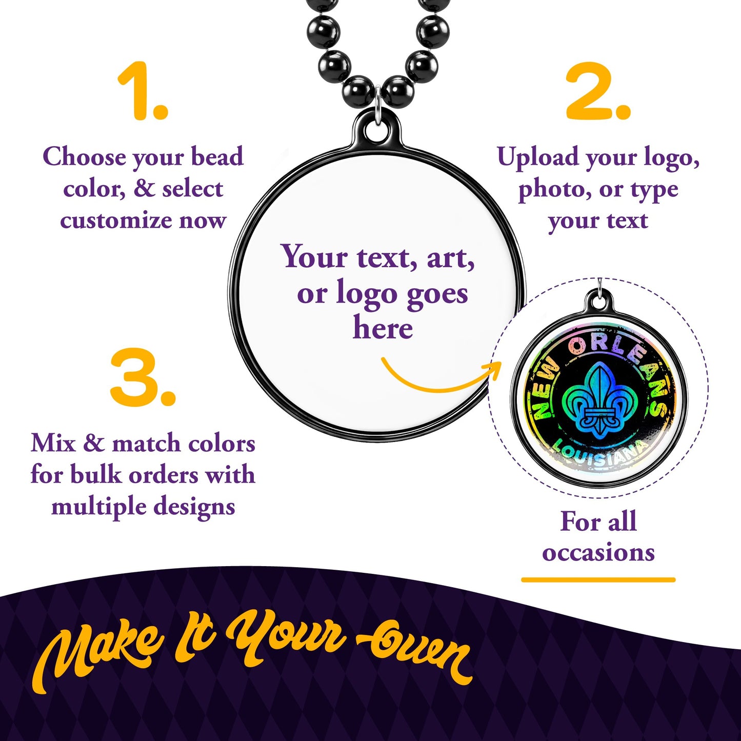 Custom Mardi Gras Bead Necklaces with Medallions- 33 inch, 7mm Round Beads- Pack of 24 Personalized Plastic Bead Necklaces- Many Colors To Choose