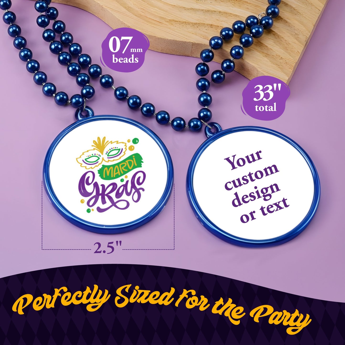 Custom Mardi Gras Bead Necklaces with Medallions- 33 inch, 7mm Round Beads- Pack of 24 Personalized Plastic Bead Necklaces- Many Colors To Choose