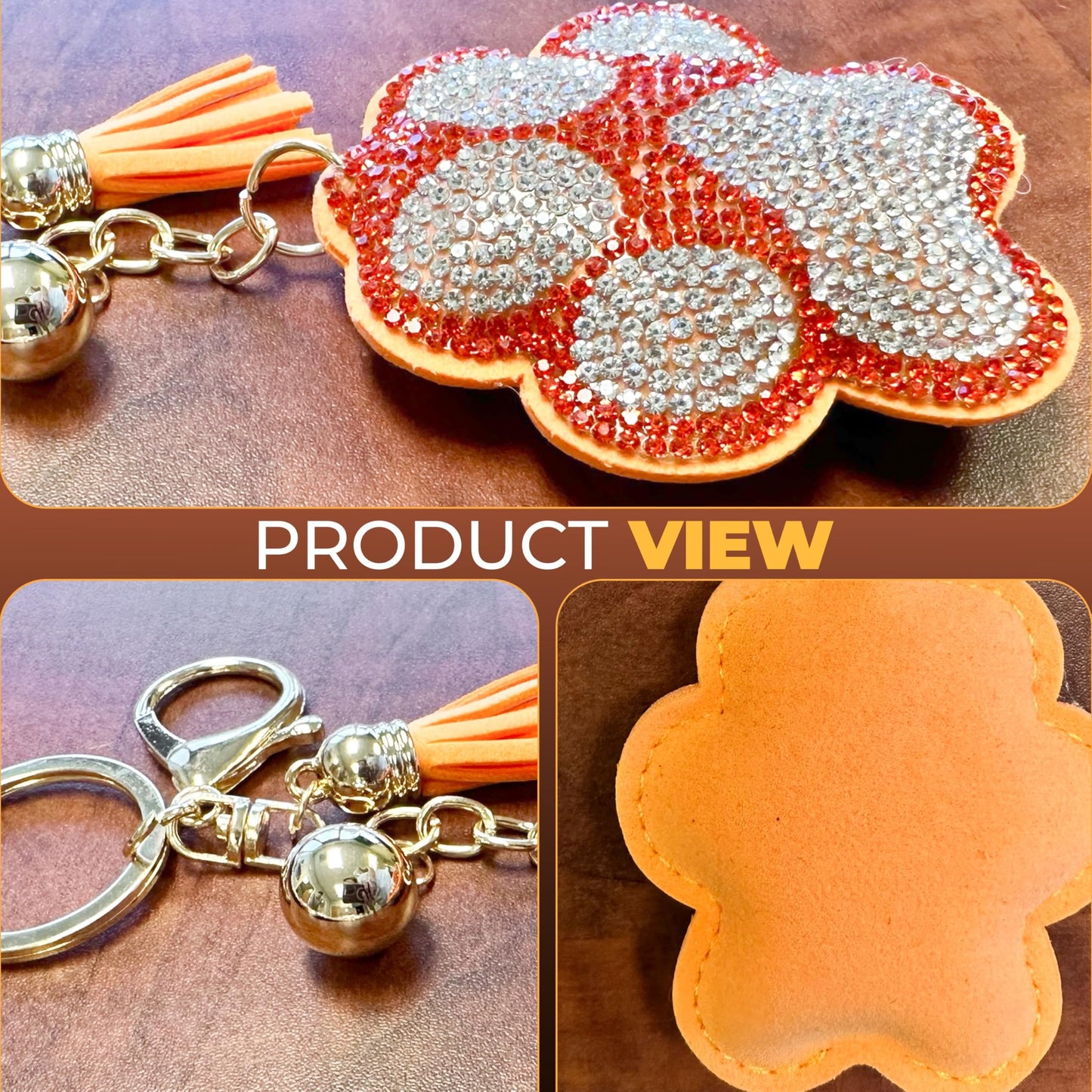 THE MARDI GRAS KREWE Bling Paw Print Keychain, orange & silver rhinestone charm, lightweight bag clip accessory