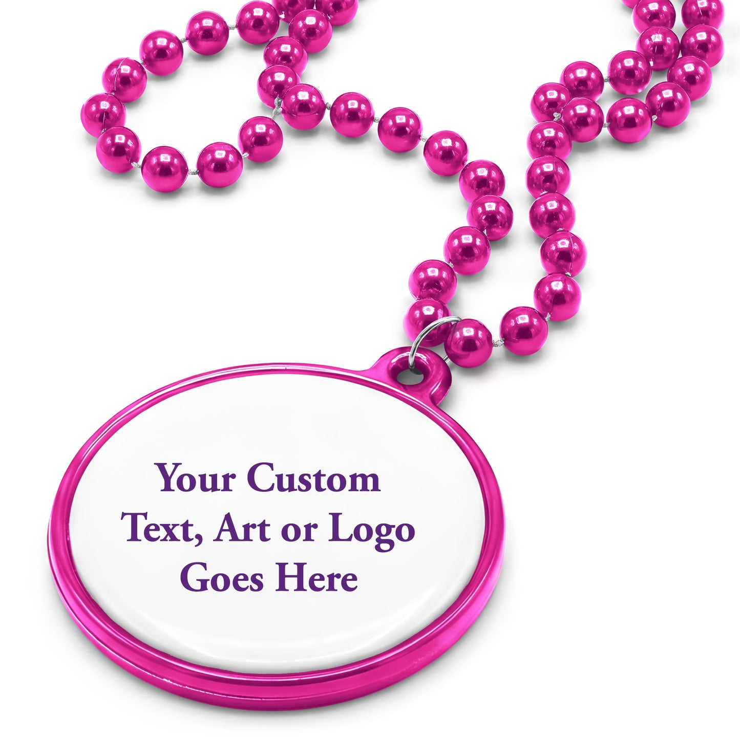 Custom Mardi Gras Bead Necklaces with Medallions- 33 inch, 7mm Round Beads- Pack of 24 Personalized Plastic Bead Necklaces- Many Colors To Choose