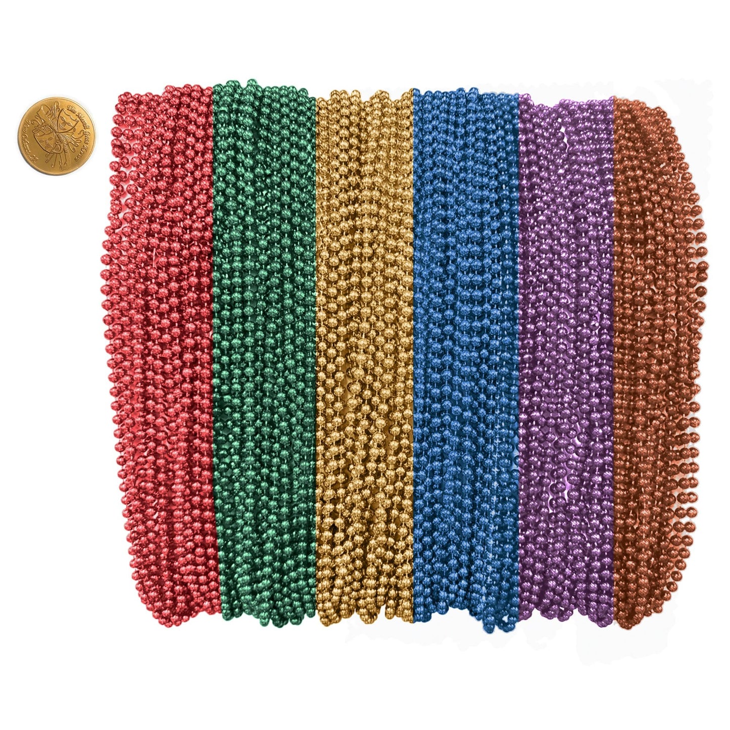 Mardi Gras Beads 33 inch 7mm, 12 Dozen, 144 Necklaces with Doubloon- Bulk Party Favors