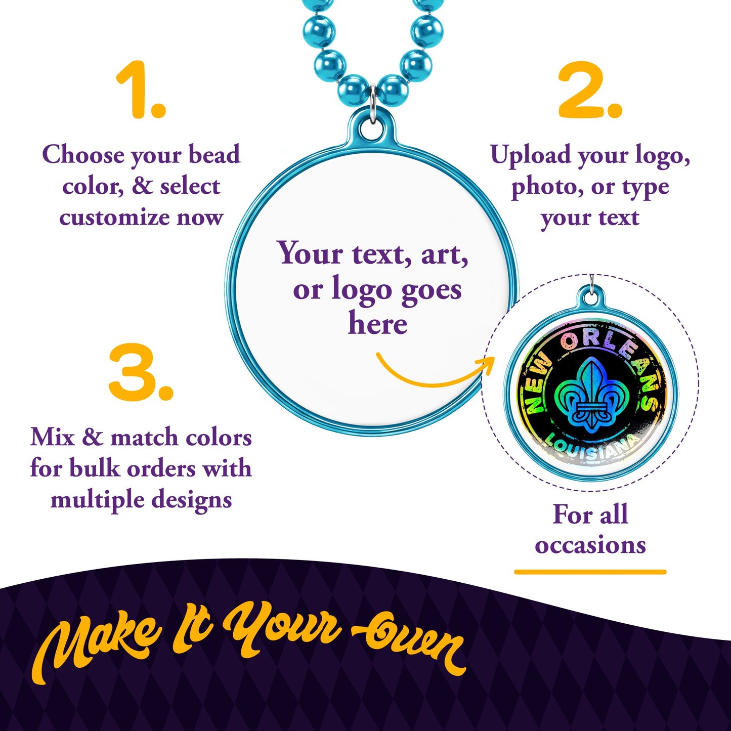 Custom Mardi Gras Bead Necklaces with Medallions- 33 inch, 7mm Round Beads- Pack of 24 Personalized Plastic Bead Necklaces- Many Colors To Choose
