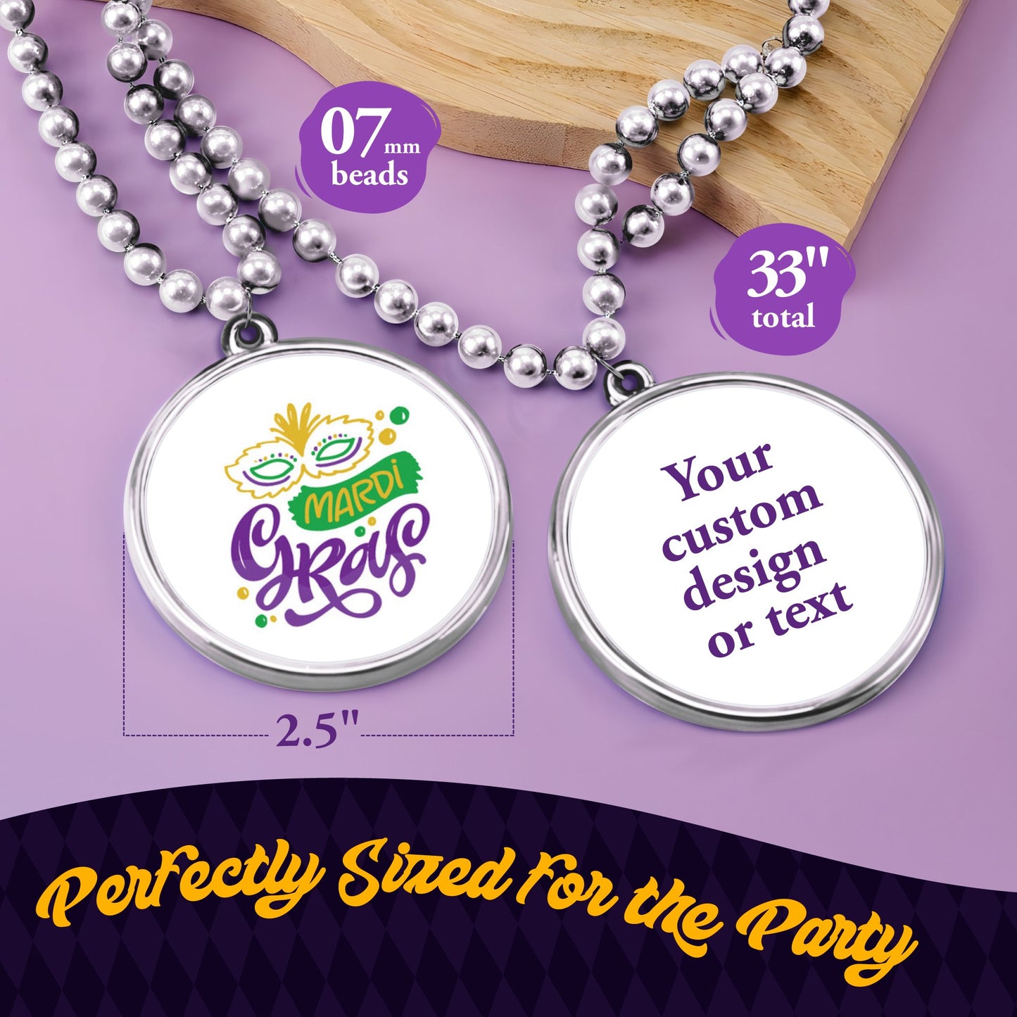 Custom Mardi Gras Bead Necklaces with Medallions- 33 inch, 7mm Round Beads- Pack of 24 Personalized Plastic Bead Necklaces- Many Colors To Choose