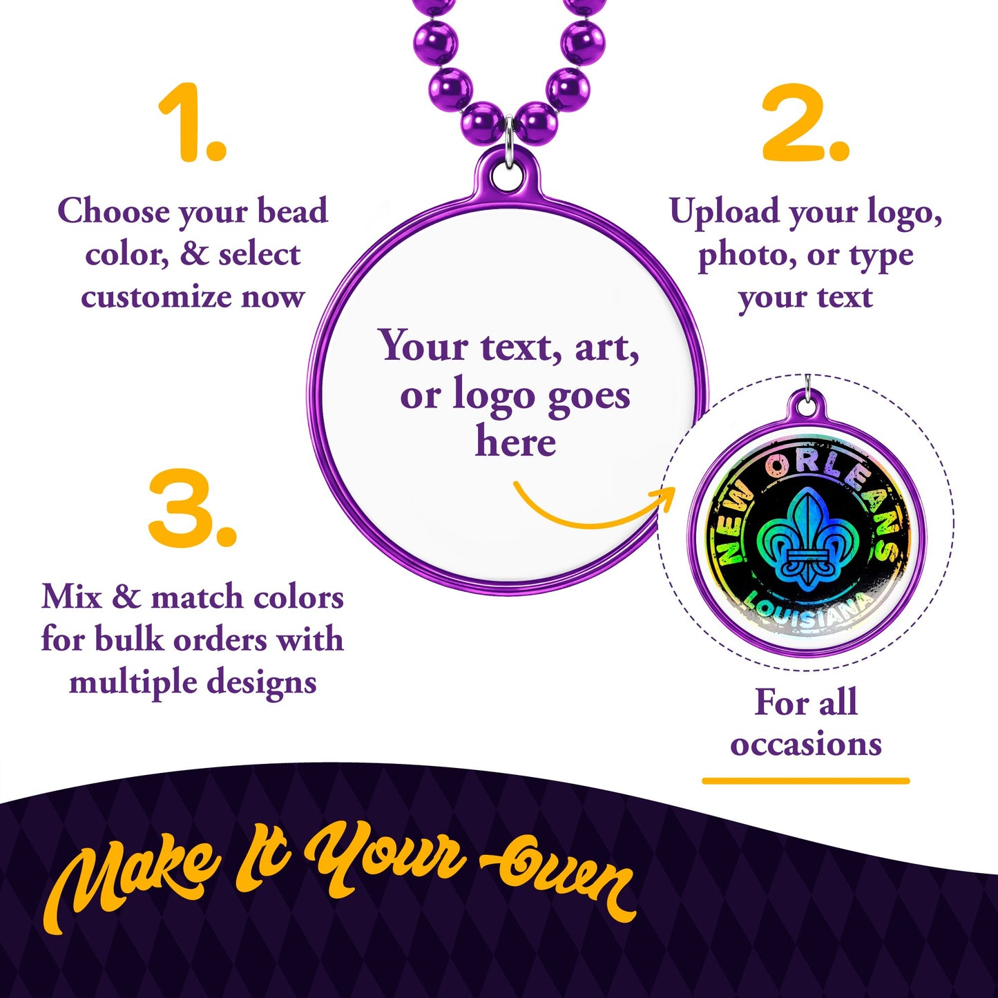 Custom Mardi Gras Bead Necklaces with Medallions- 33 inch, 7mm Round Beads- Pack of 24 Personalized Plastic Bead Necklaces- Many Colors To Choose