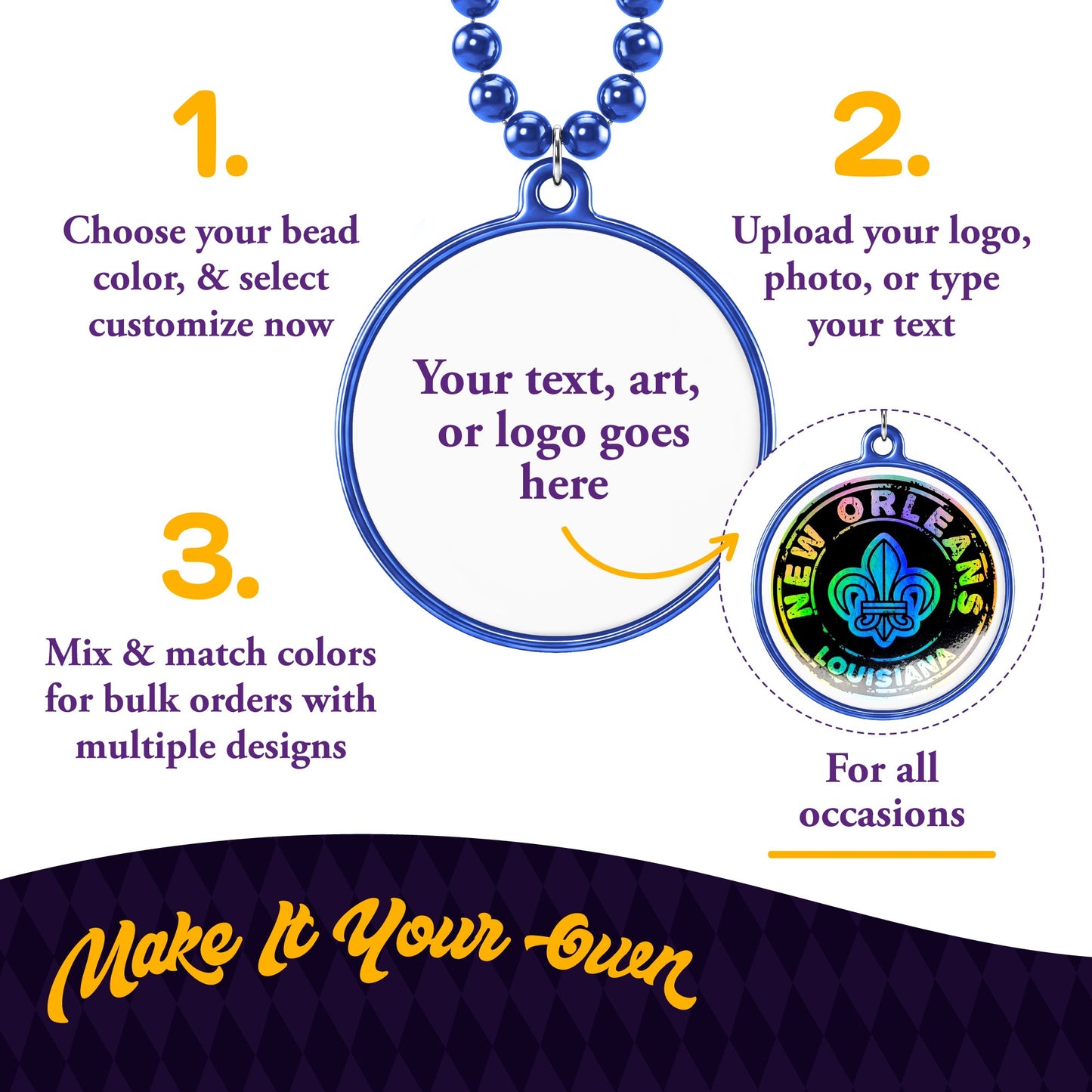Custom Mardi Gras Bead Necklaces with Medallions- 33 inch, 7mm Round Beads- Pack of 24 Personalized Plastic Bead Necklaces- Many Colors To Choose