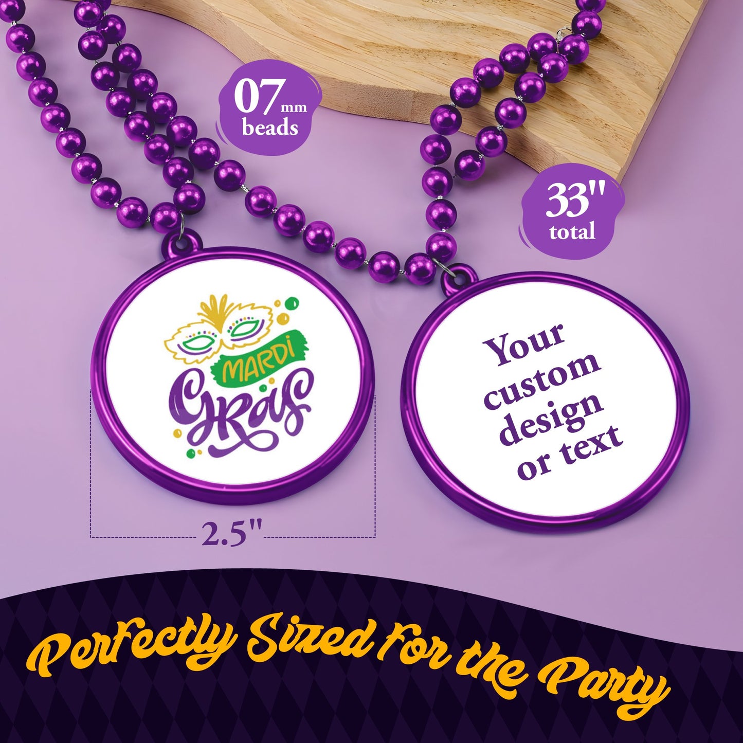 Custom Mardi Gras Bead Necklaces with Medallions- 33 inch, 7mm Round Beads- Pack of 24 Personalized Plastic Bead Necklaces- Many Colors To Choose