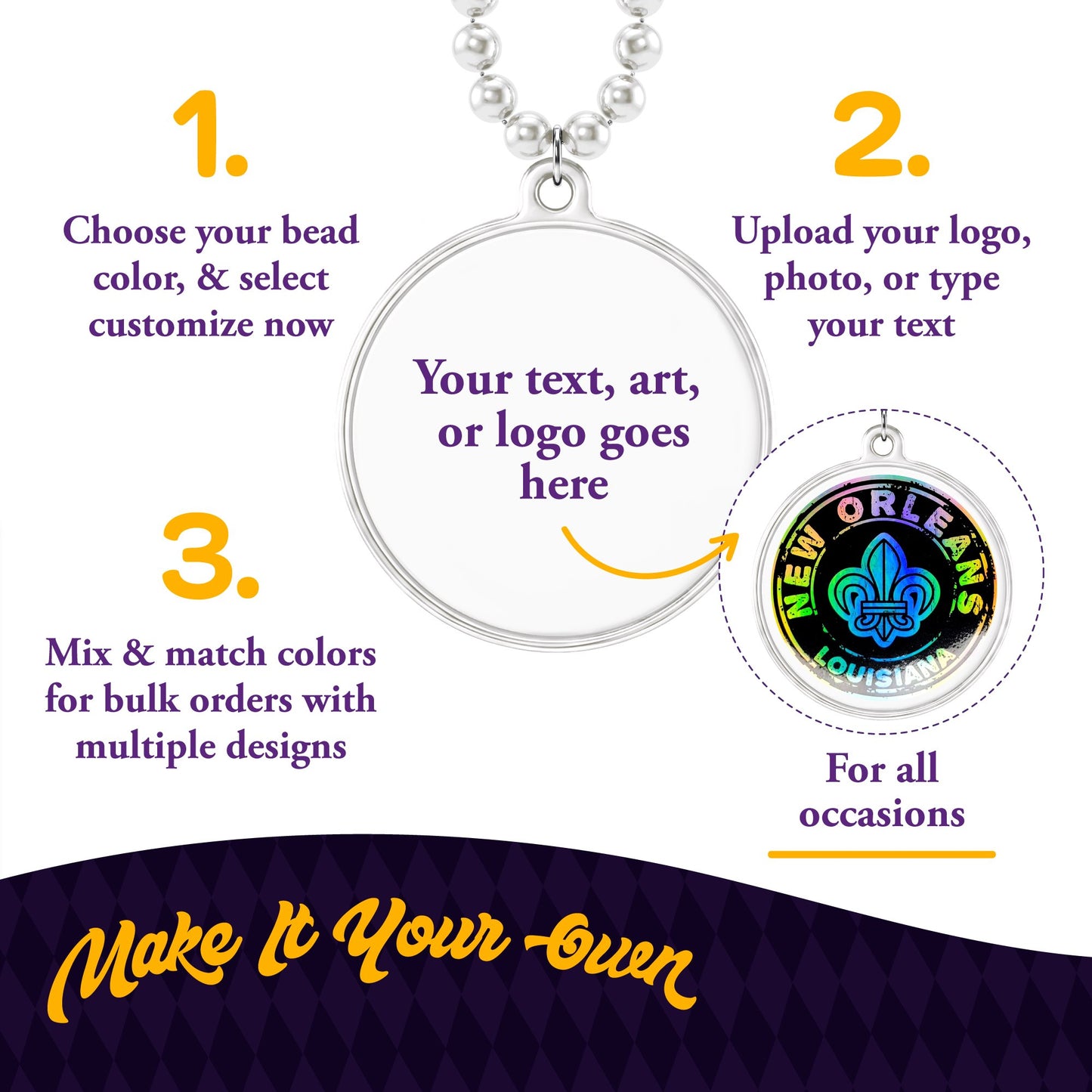 Custom Mardi Gras Bead Necklaces with Medallions- 33 inch, 7mm Round Beads- Pack of 24 Personalized Plastic Bead Necklaces- Many Colors To Choose