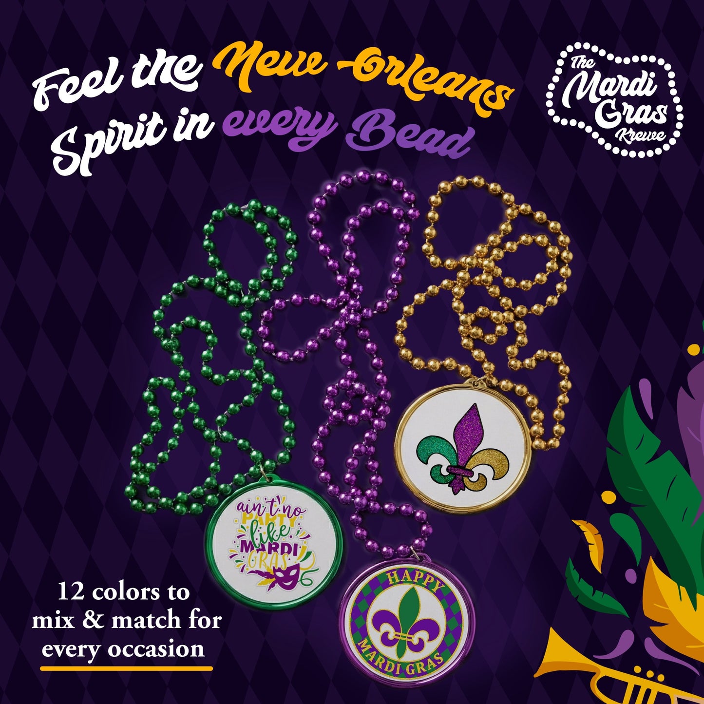 Custom Mardi Gras Bead Necklaces with Medallions- 33 inch, 7mm Round Beads- Pack of 24 Personalized Plastic Bead Necklaces- Many Colors To Choose
