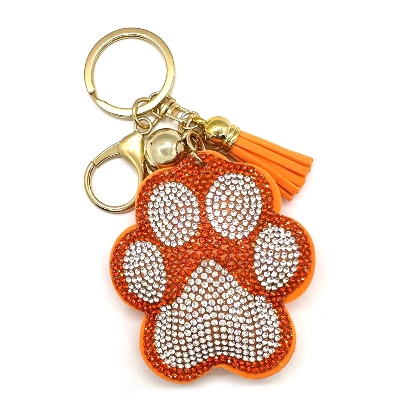 THE MARDI GRAS KREWE Bling Paw Print Keychain, orange & silver rhinestone charm, lightweight bag clip accessory