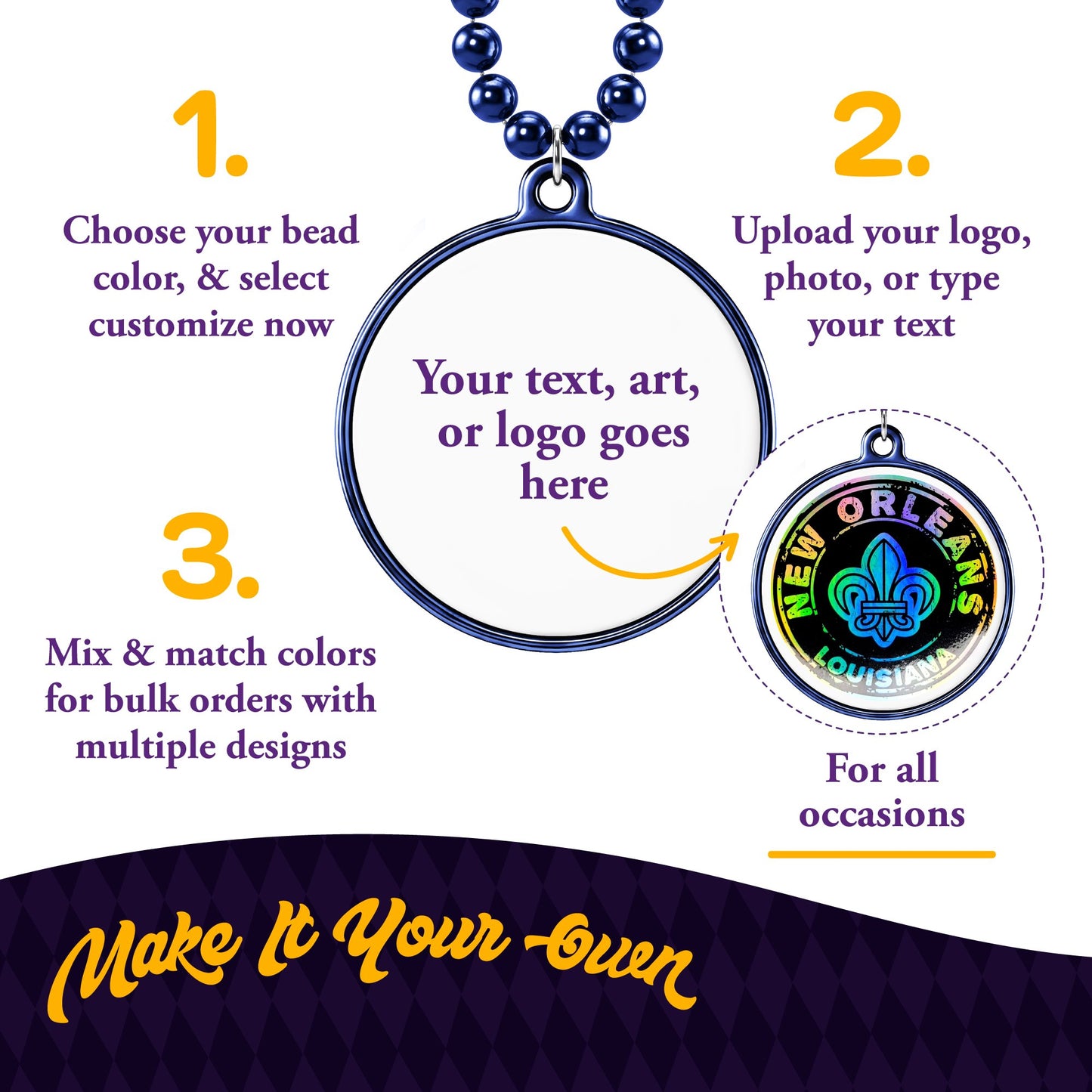 Custom Mardi Gras Bead Necklaces with Medallions- 33 inch, 7mm Round Beads- Pack of 24 Personalized Plastic Bead Necklaces- Many Colors To Choose