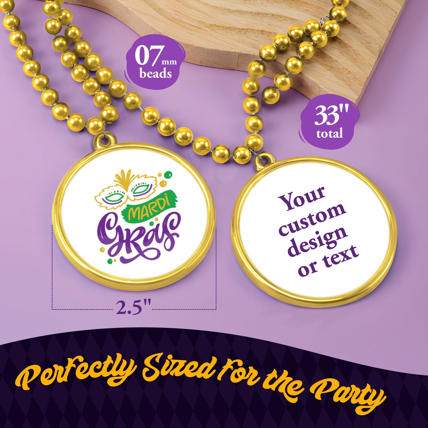 Custom Mardi Gras Bead Necklaces with Medallions- 33 inch, 7mm Round Beads- Pack of 24 Personalized Plastic Bead Necklaces- Many Colors To Choose